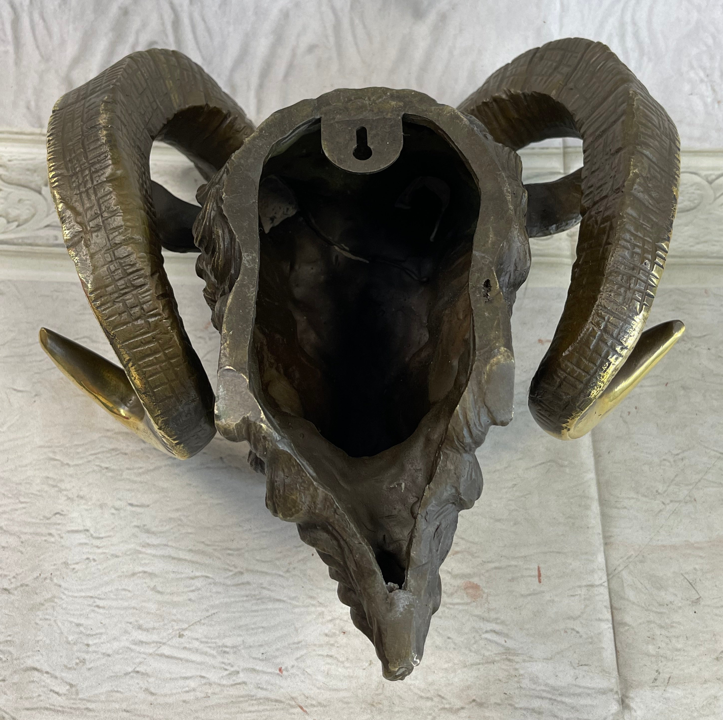 Signed Original Mascot Ram Head Bronze Sculpture Marble Base