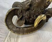 Signed Original Mascot Ram Head Bronze Sculpture Marble Base