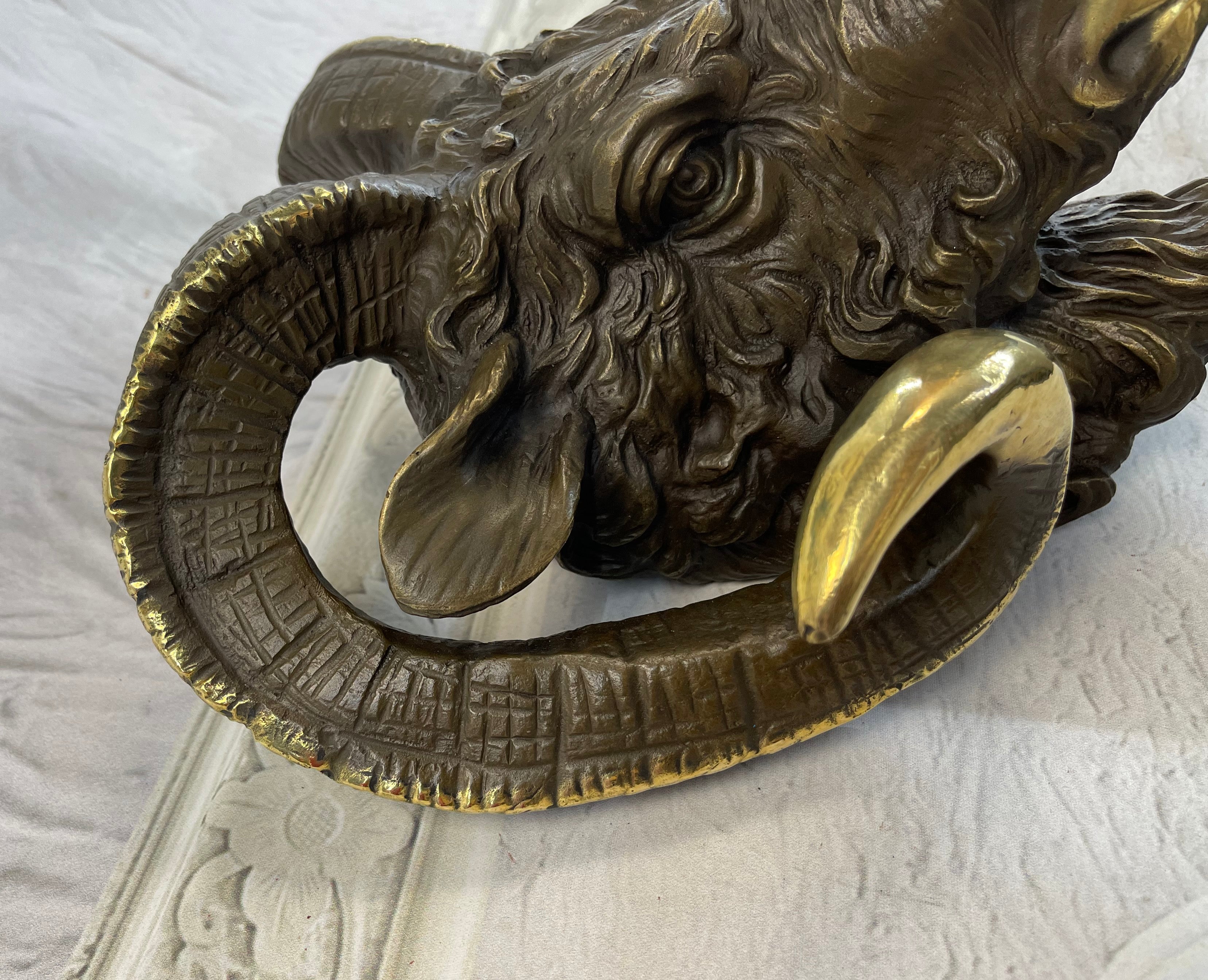 Signed Original Mascot Ram Head Bronze Sculpture Marble Base