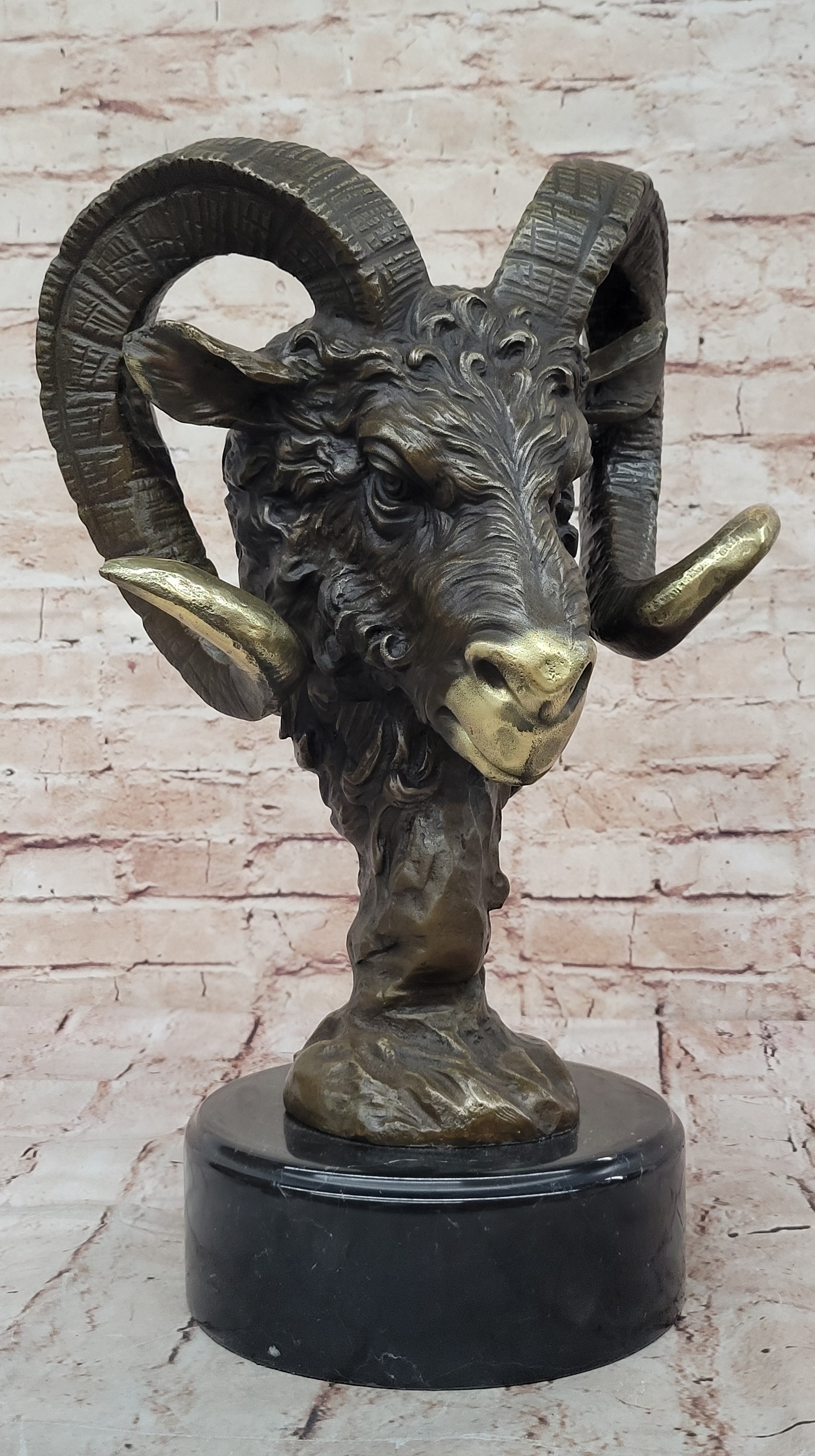Ram's Head Bust Bronze Metal Sculpture on Marble Base 17" x 10"