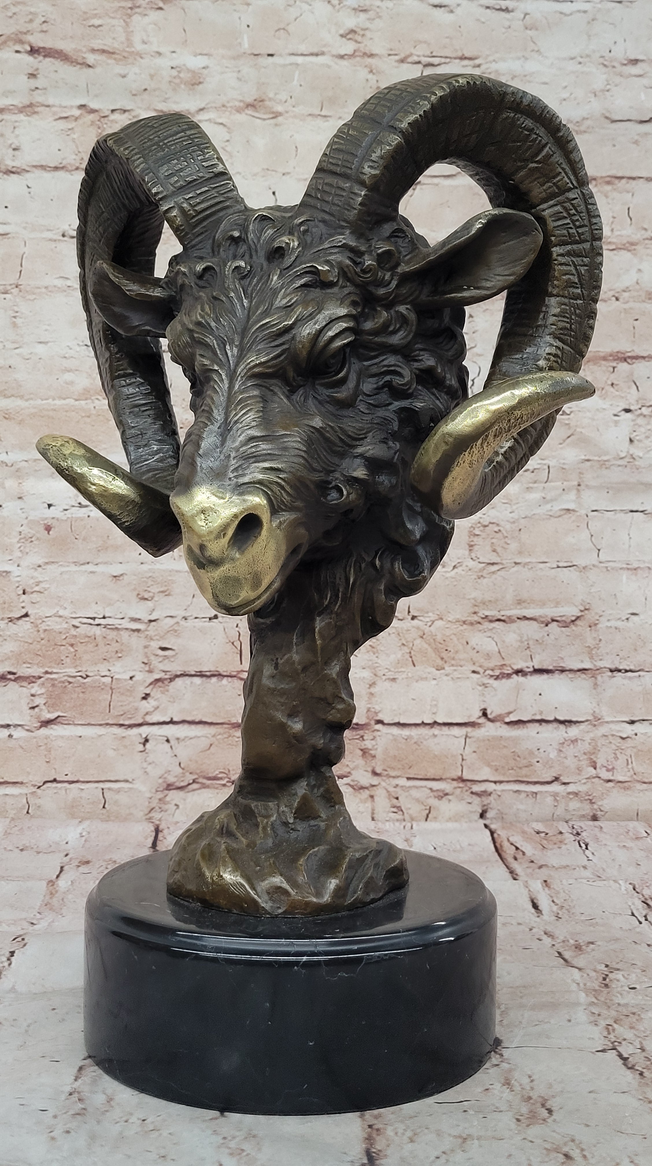 Ram's Head Bust Bronze Metal Sculpture on Marble Base 17" x 10"
