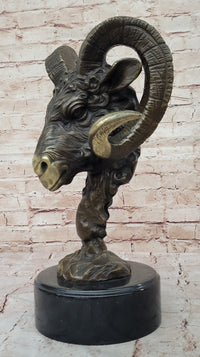 Ram's Head Bust Bronze Metal Sculpture on Marble Base 17" x 10"