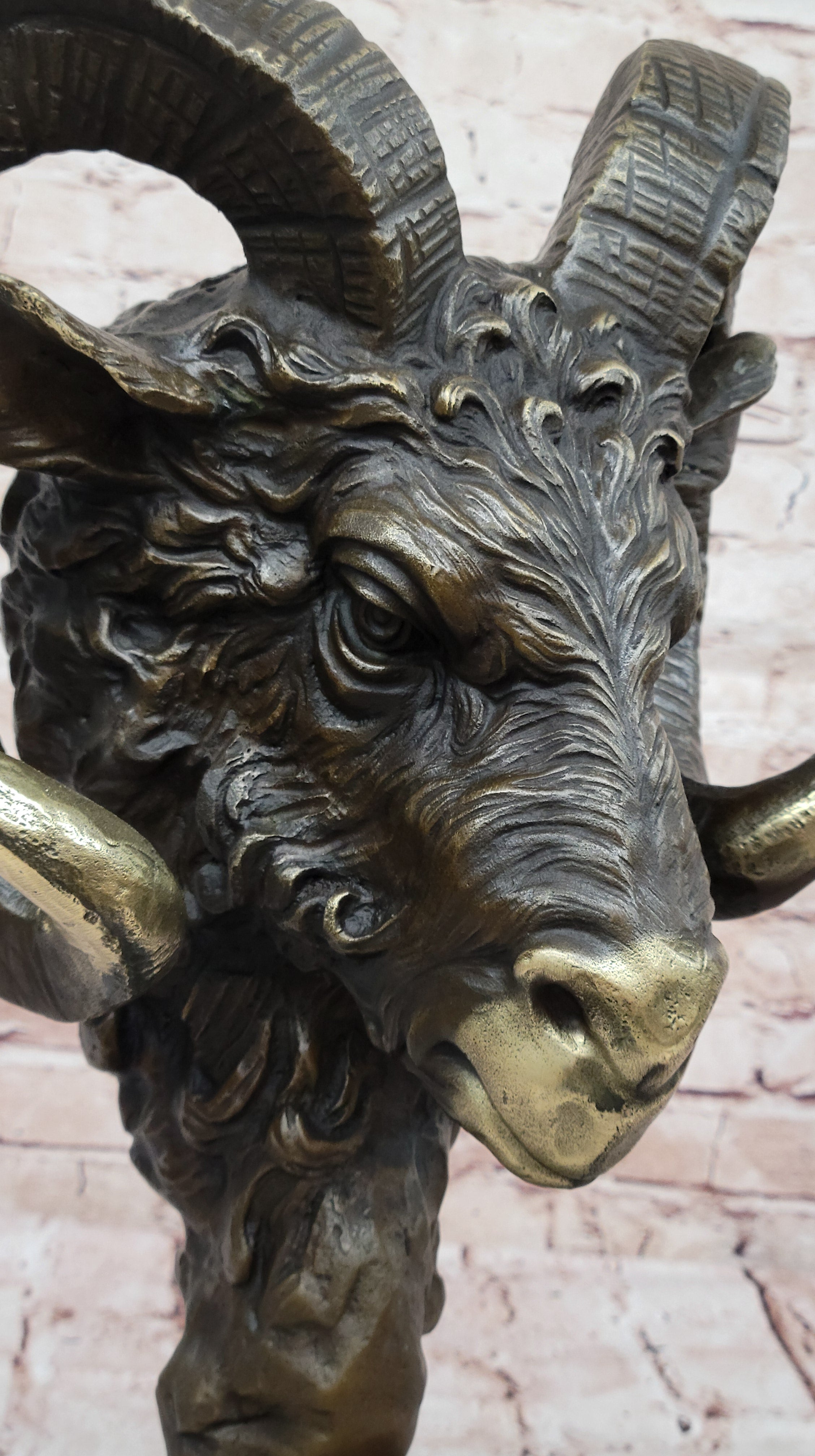 Ram's Head Bust Bronze Metal Sculpture on Marble Base 17" x 10"