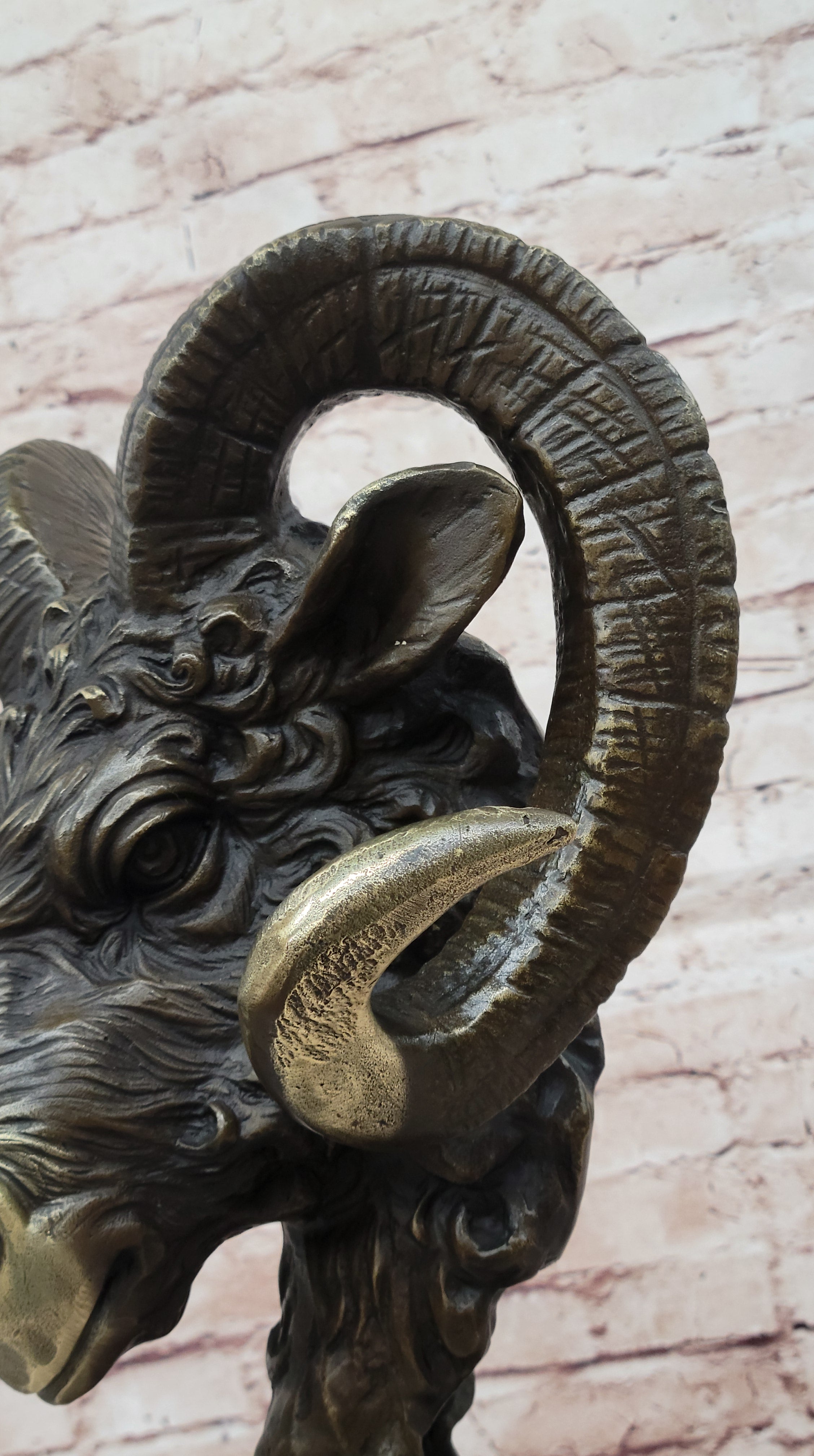 Ram's Head Bust Bronze Metal Sculpture on Marble Base 17" x 10"