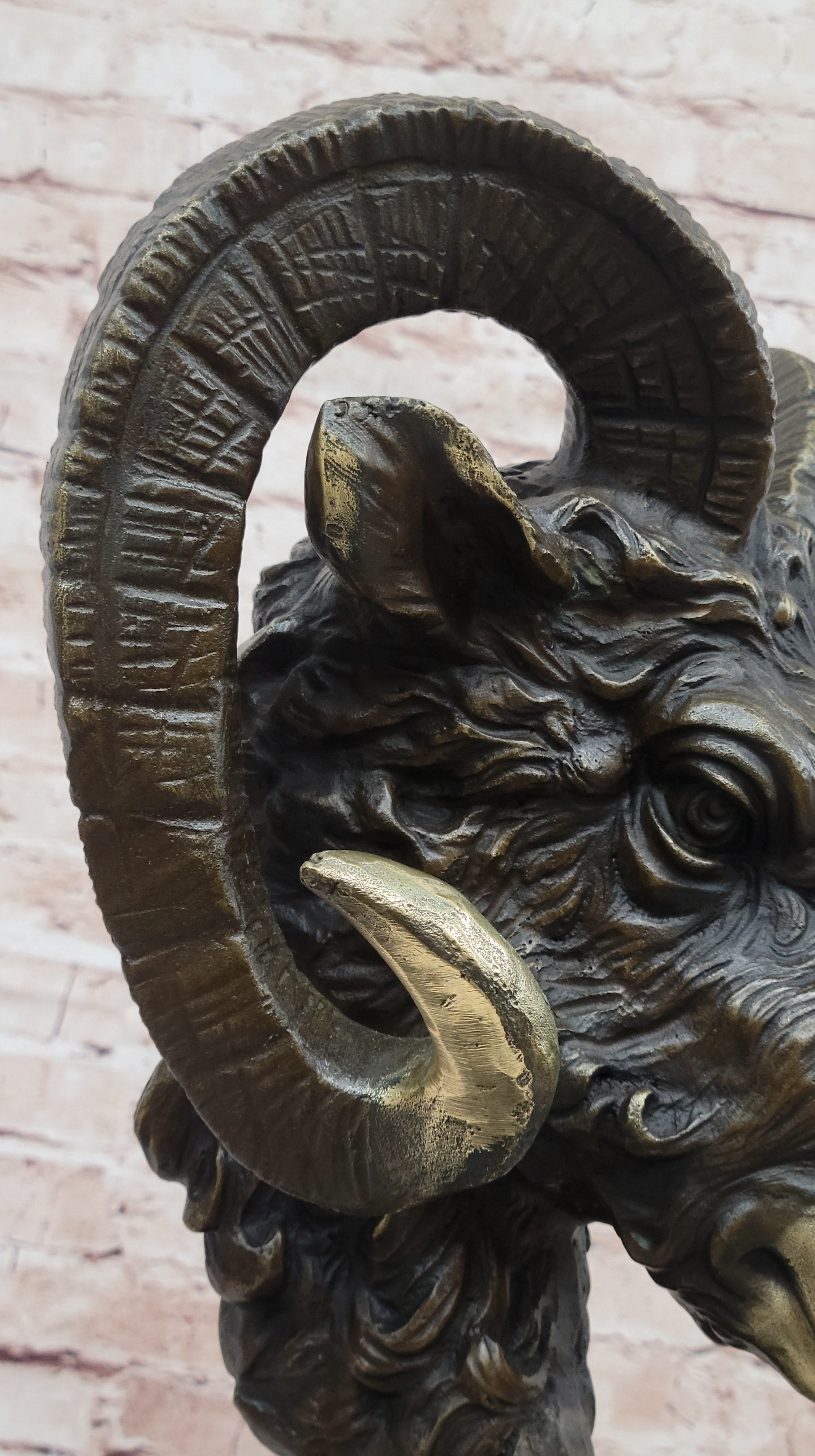 Ram's Head Bust Bronze Metal Sculpture on Marble Base 17" x 10"