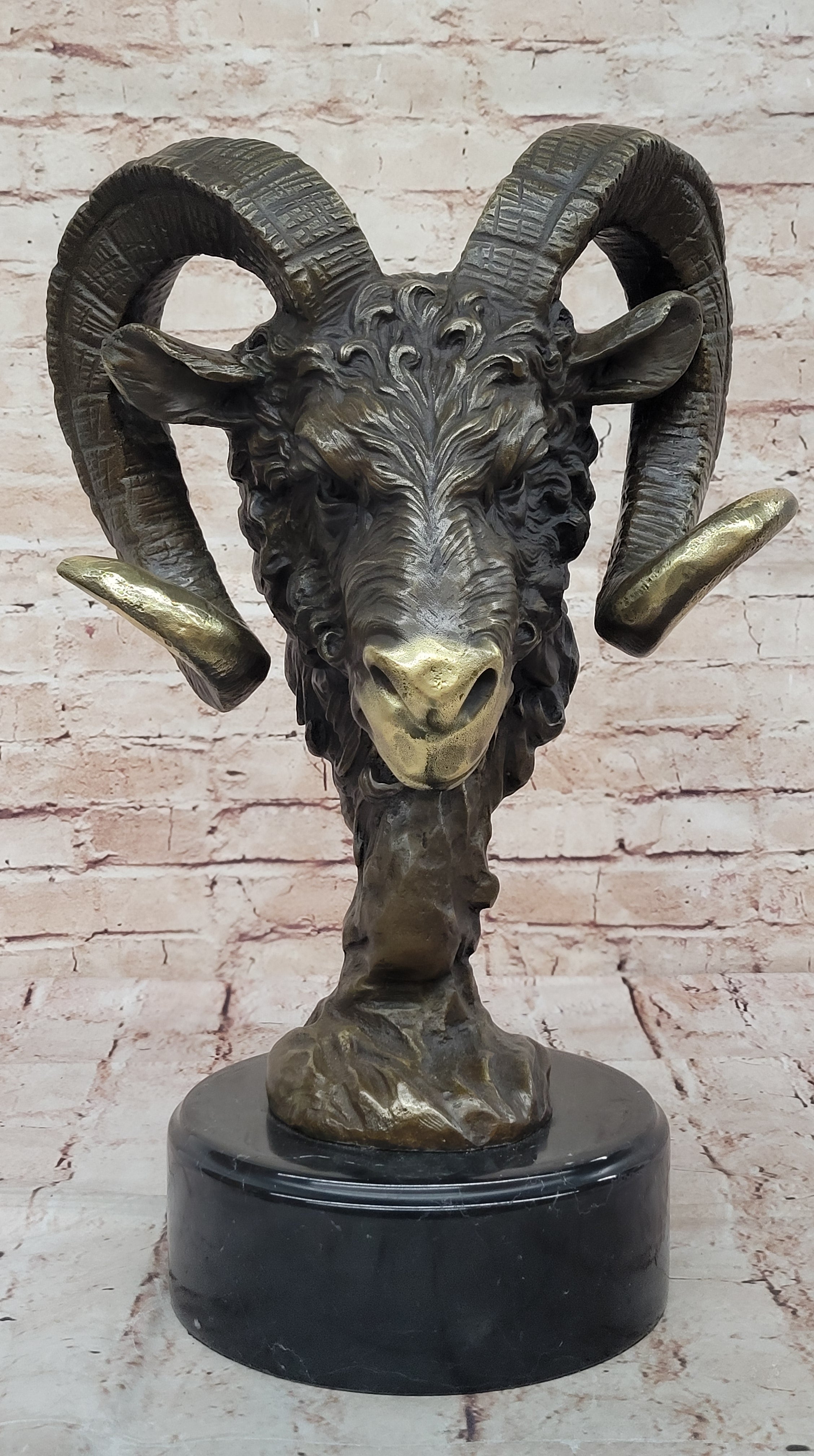 Ram's Head Bust Bronze Metal Sculpture on Marble Base 17" x 10"