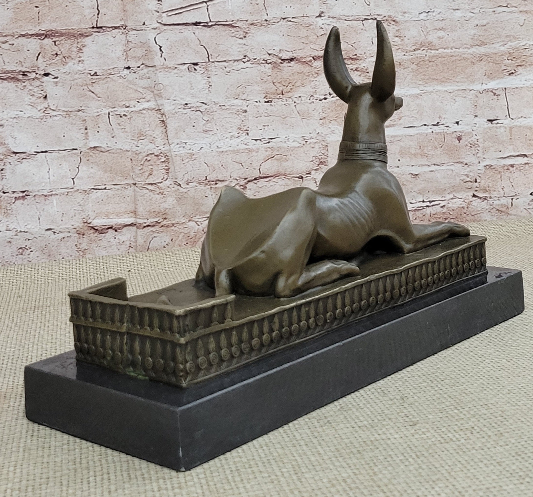 Anubis Jackal Dog Egyptian Bronze Sculpture on Marble Base