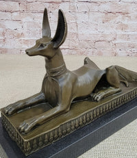 Anubis Jackal Dog Egyptian Bronze Sculpture on Marble Base