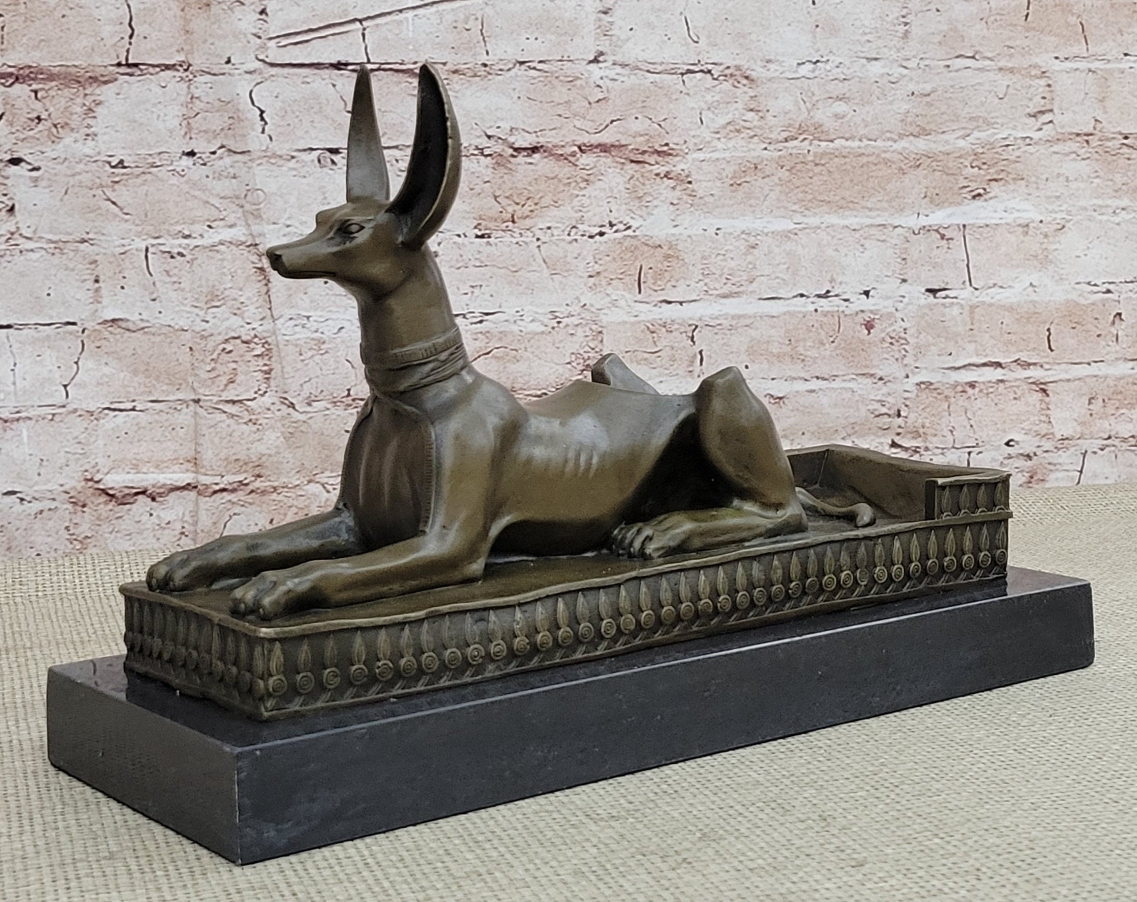 Anubis Jackal Dog Egyptian Bronze Sculpture on Marble Base