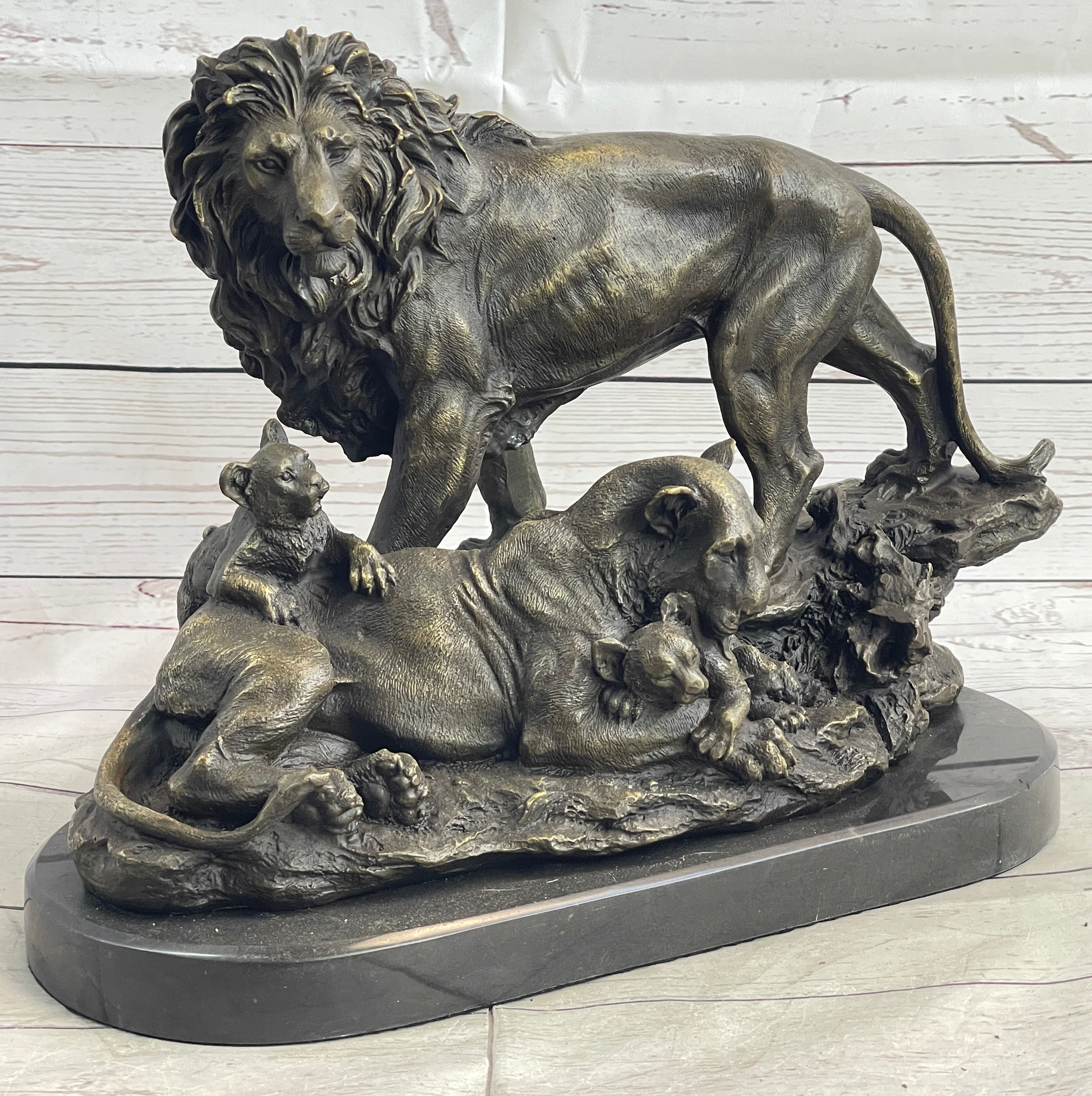 African Lion Family Bronze Sculpture by Barye