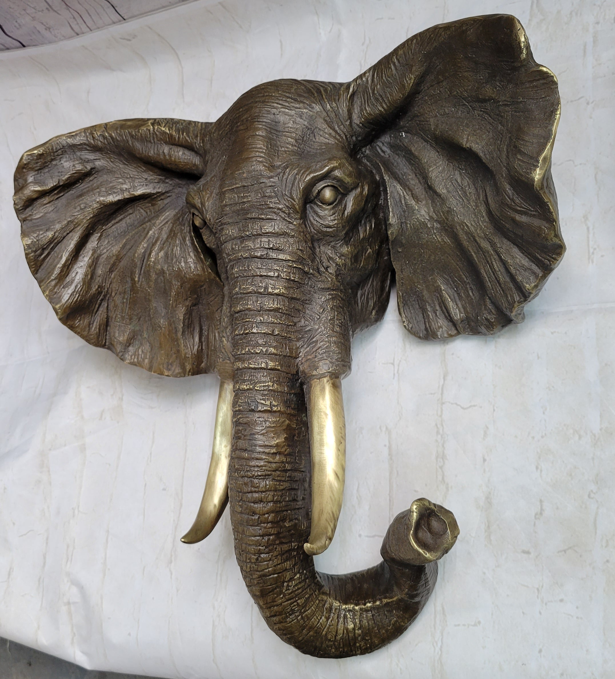 Wall Mounted Bronze Elephant Head Bust Sculpture Signed Art