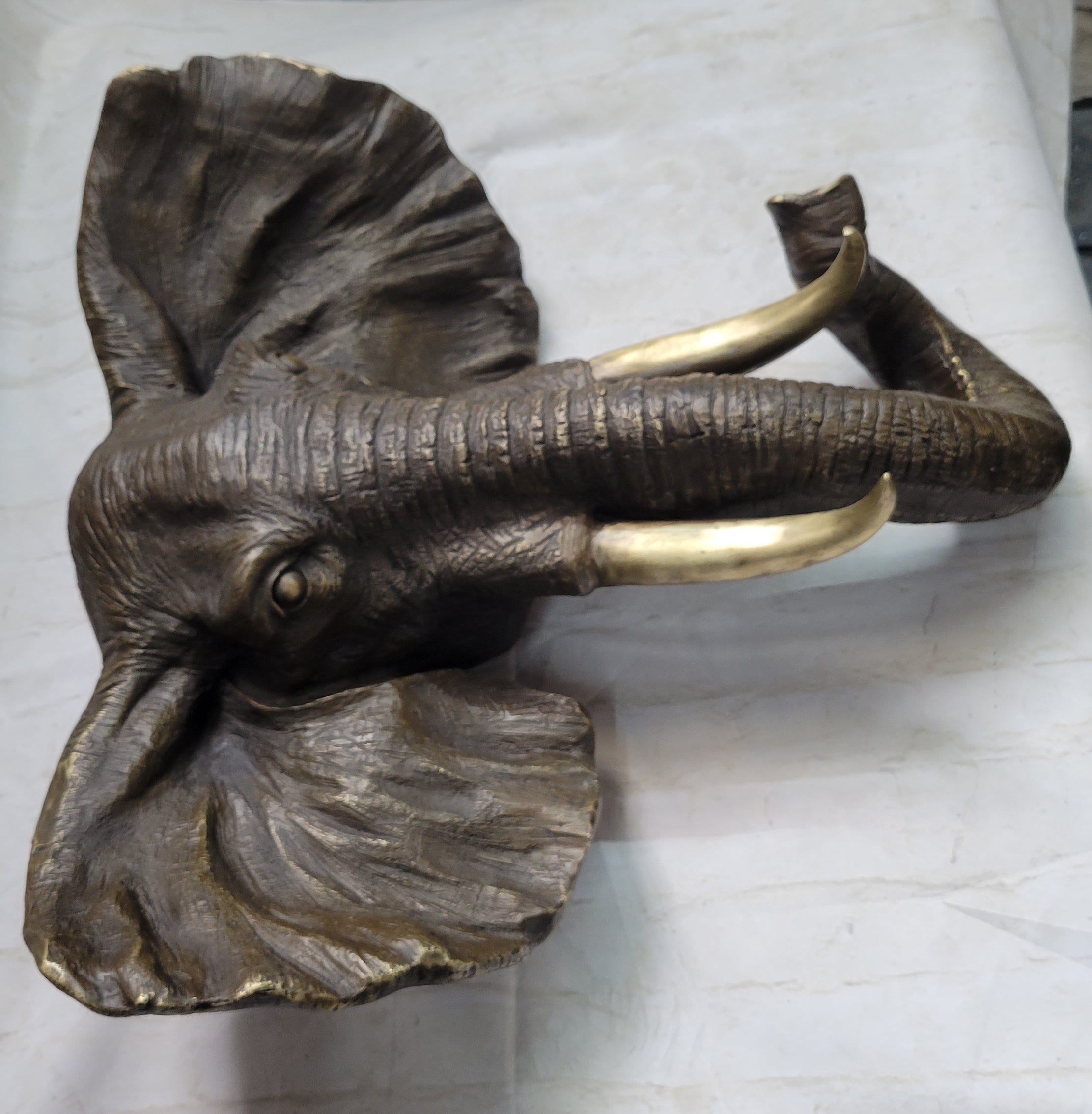 Wall Mounted Bronze Elephant Head Bust Sculpture Signed Art