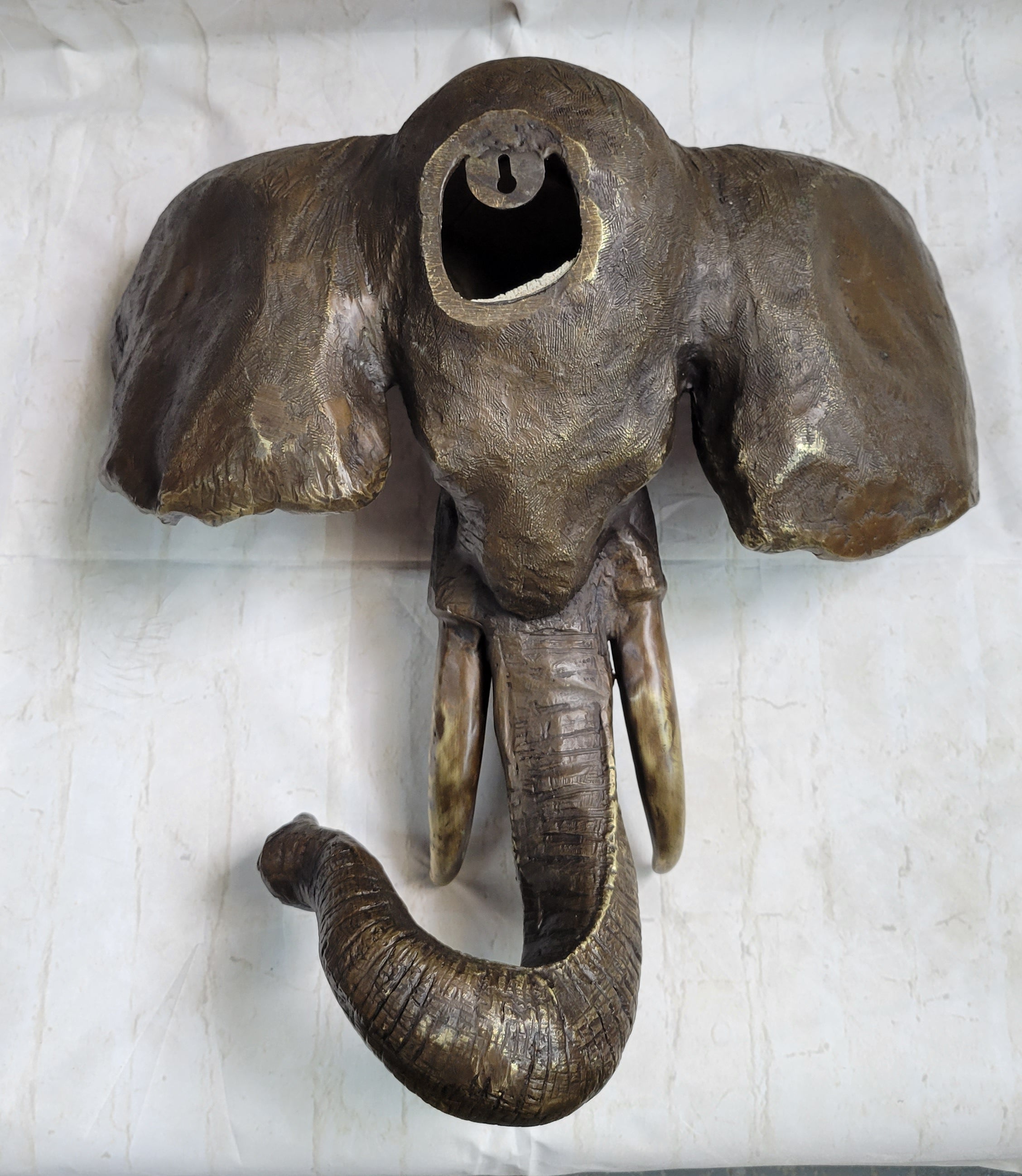 Wall Mounted Bronze Elephant Head Bust Sculpture Signed Art