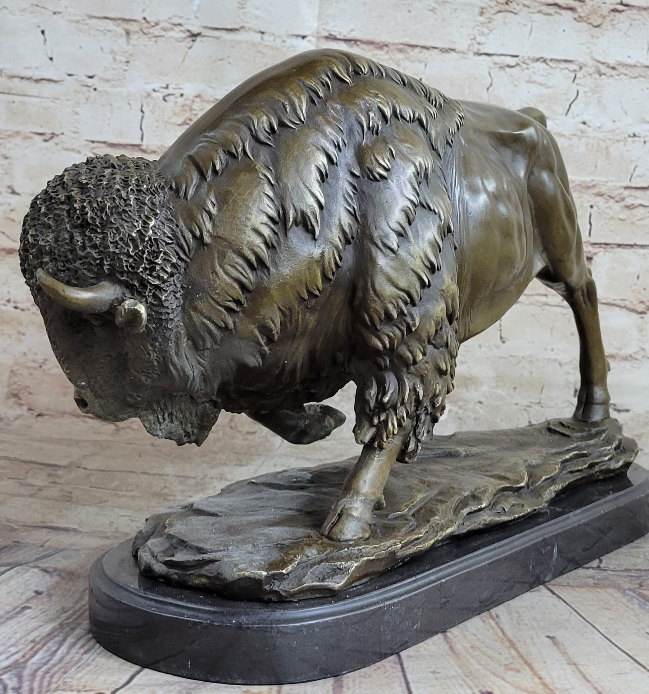 Large American Buffalo Bison Art Deco Sculpture Marble Base