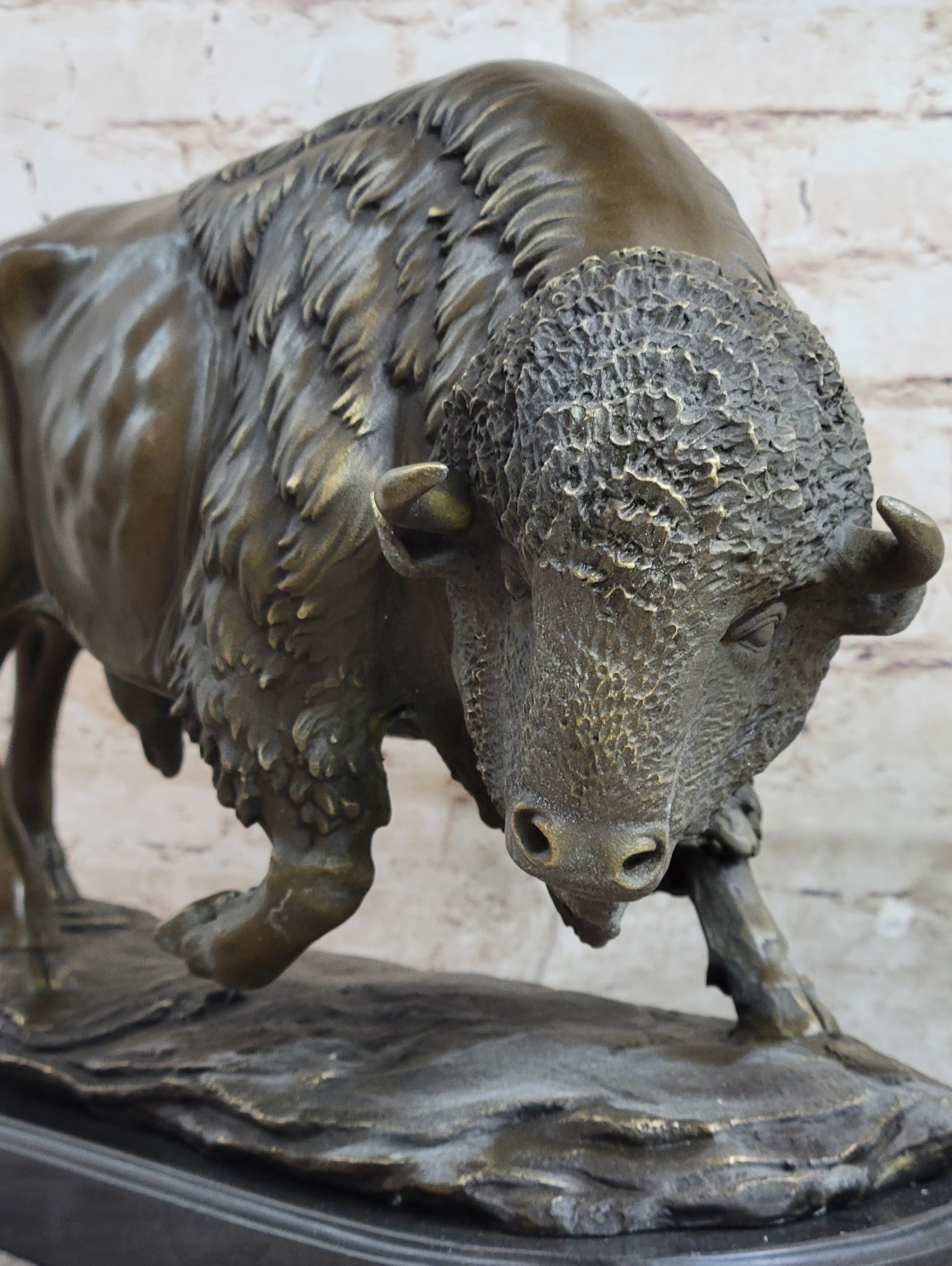 Large American Buffalo Bison Art Deco Sculpture Marble Base