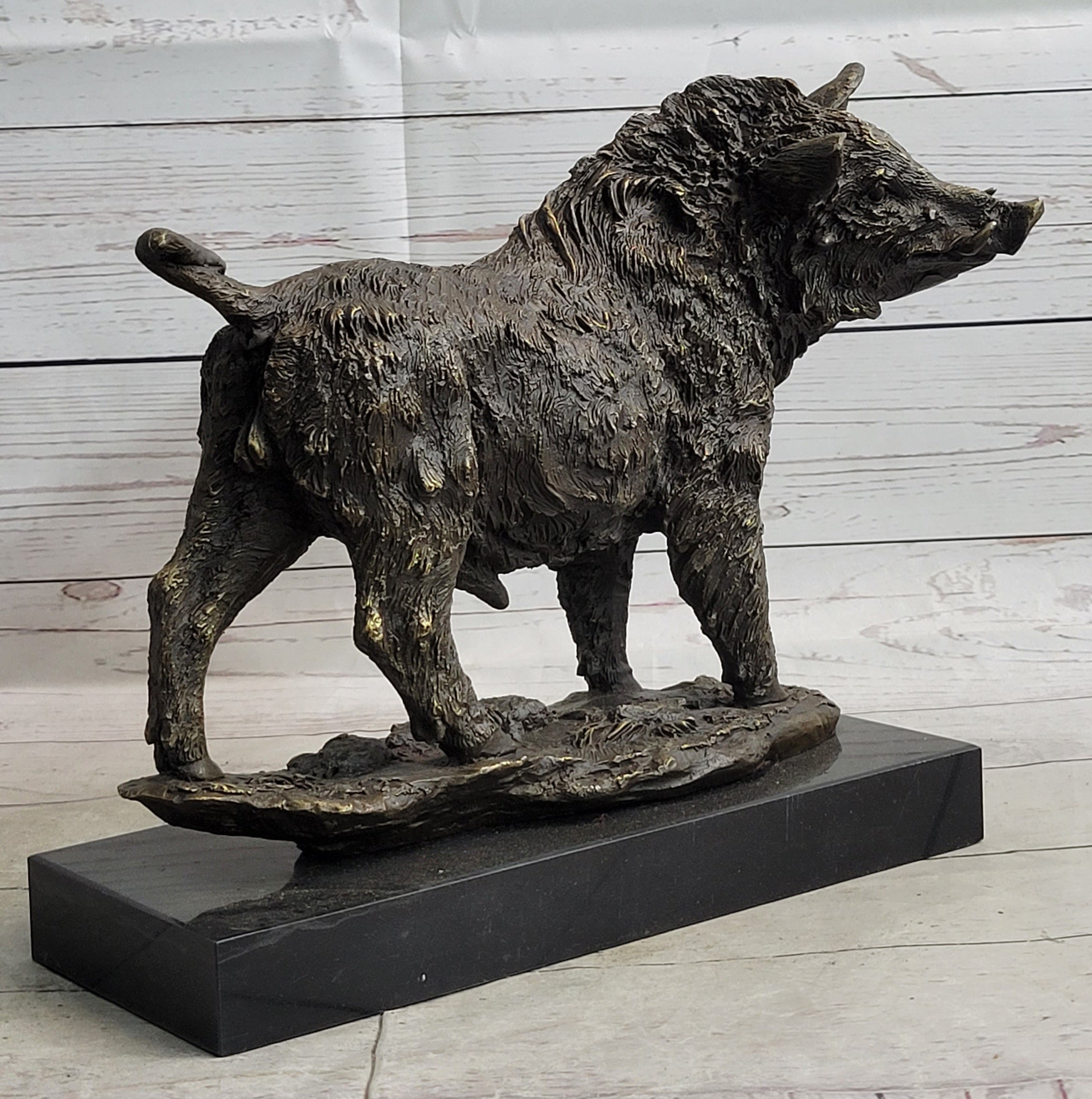 Wild Boar Hog Pig Bronze Sculpture Marble Base