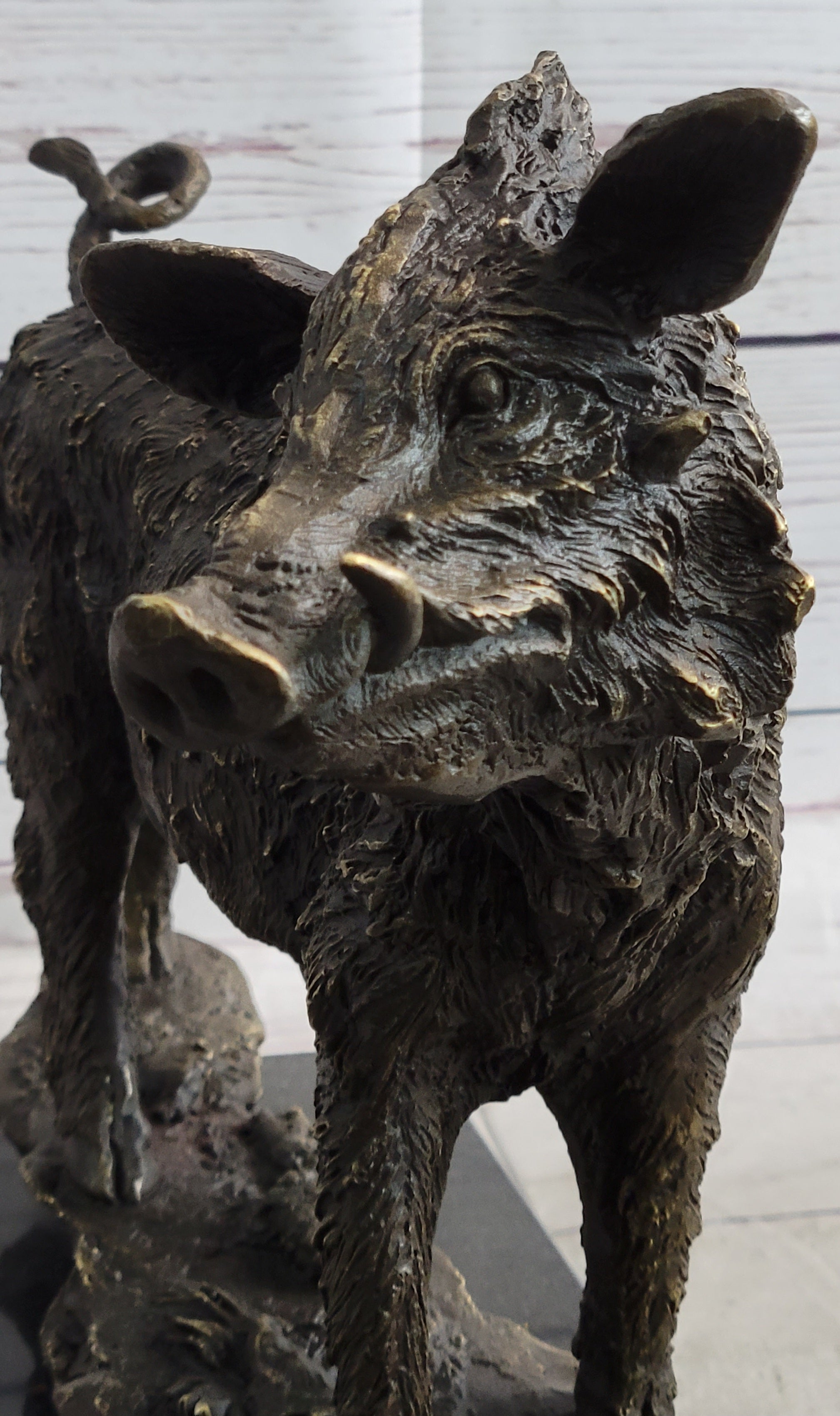 Wild Boar Hog Pig Bronze Sculpture Marble Base