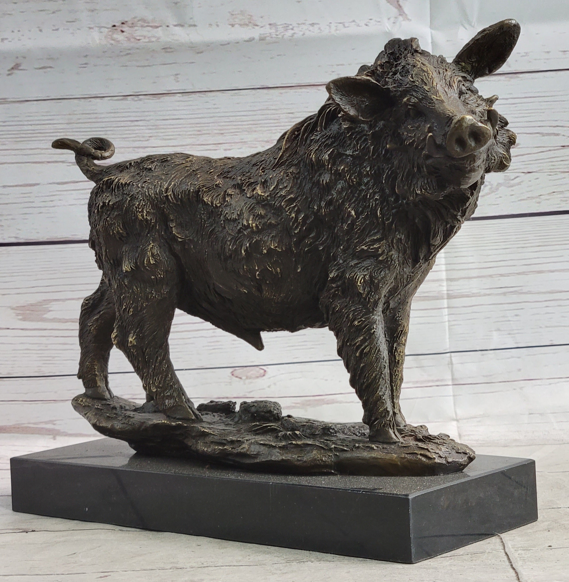 Wild Boar Hog Pig Bronze Sculpture Marble Base