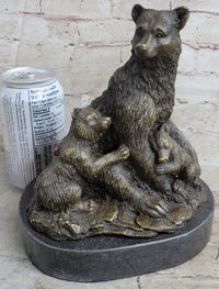 Signed Original Grizzly Bear with Two Cubs Bronze Sculpture