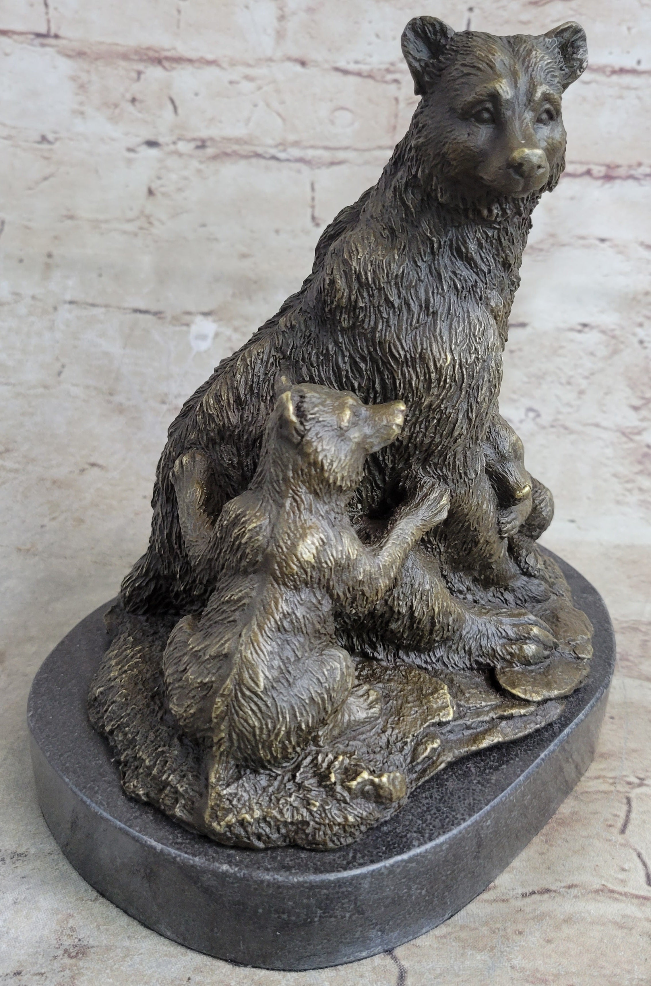 Signed Original Grizzly Bear with Two Cubs Bronze Sculpture