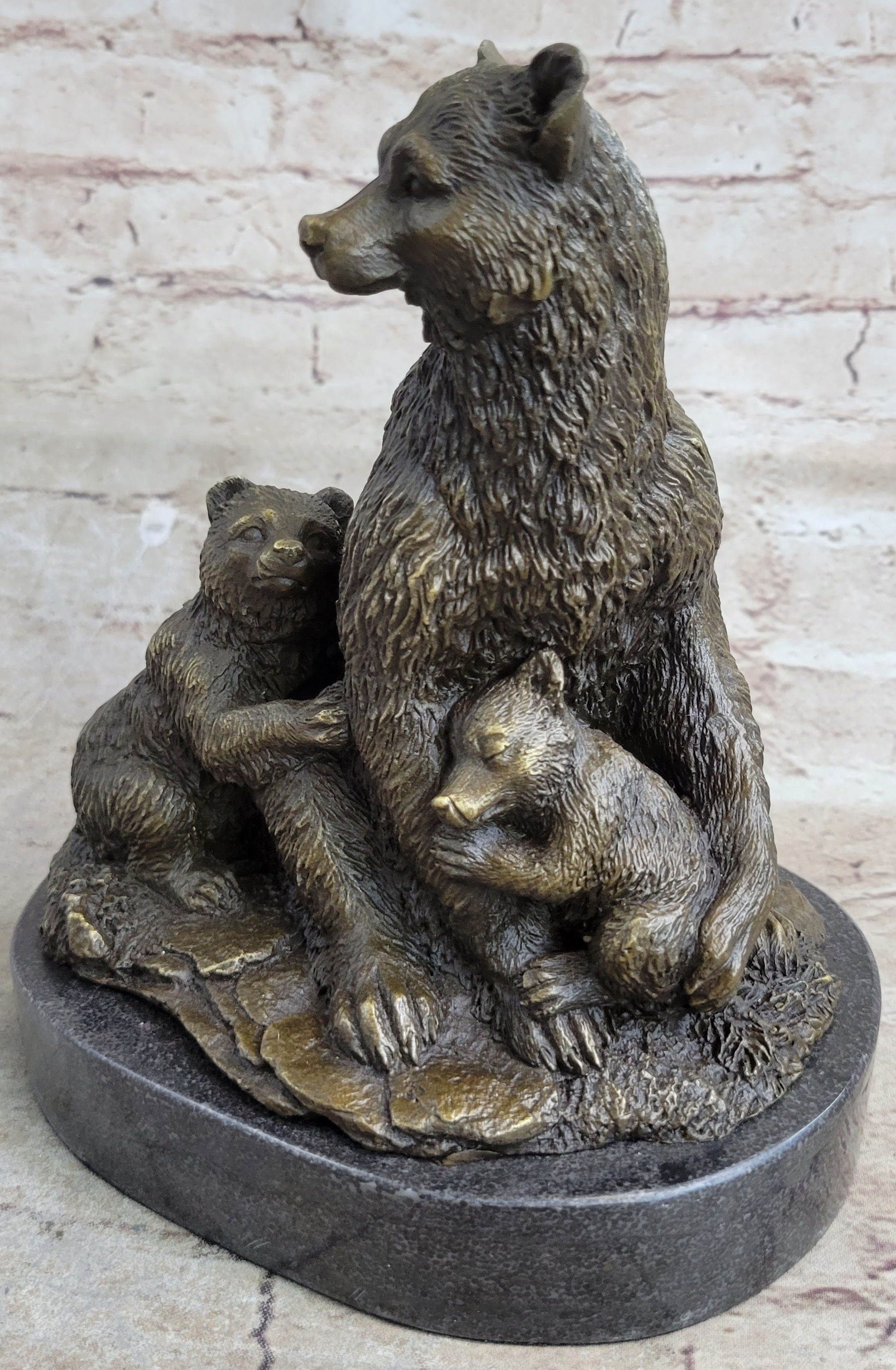 Signed Original Grizzly Bear with Two Cubs Bronze Sculpture