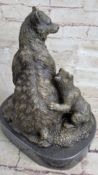 Signed Original Grizzly Bear with Two Cubs Bronze Sculpture