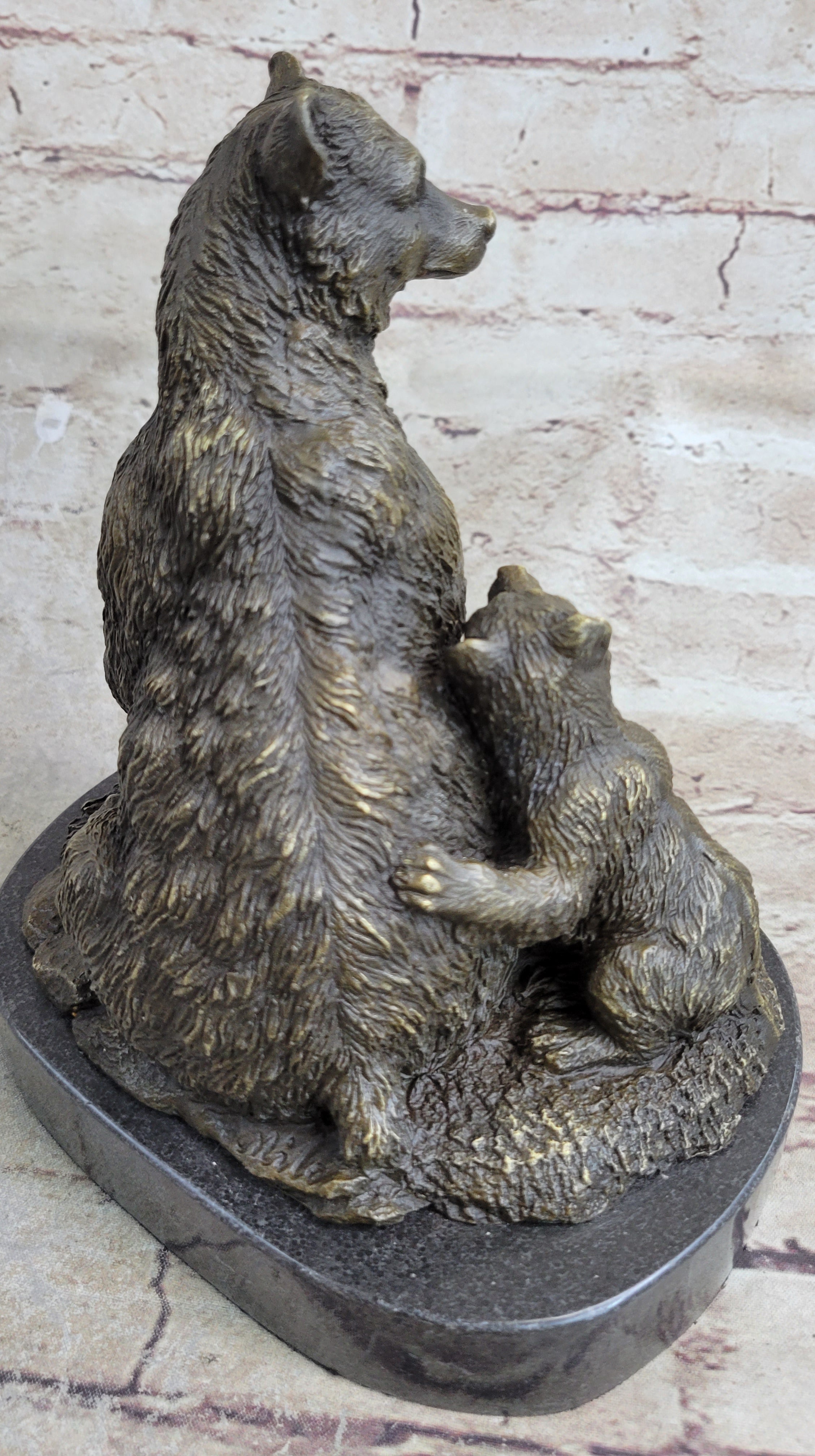 Signed Original Grizzly Bear with Two Cubs Bronze Sculpture