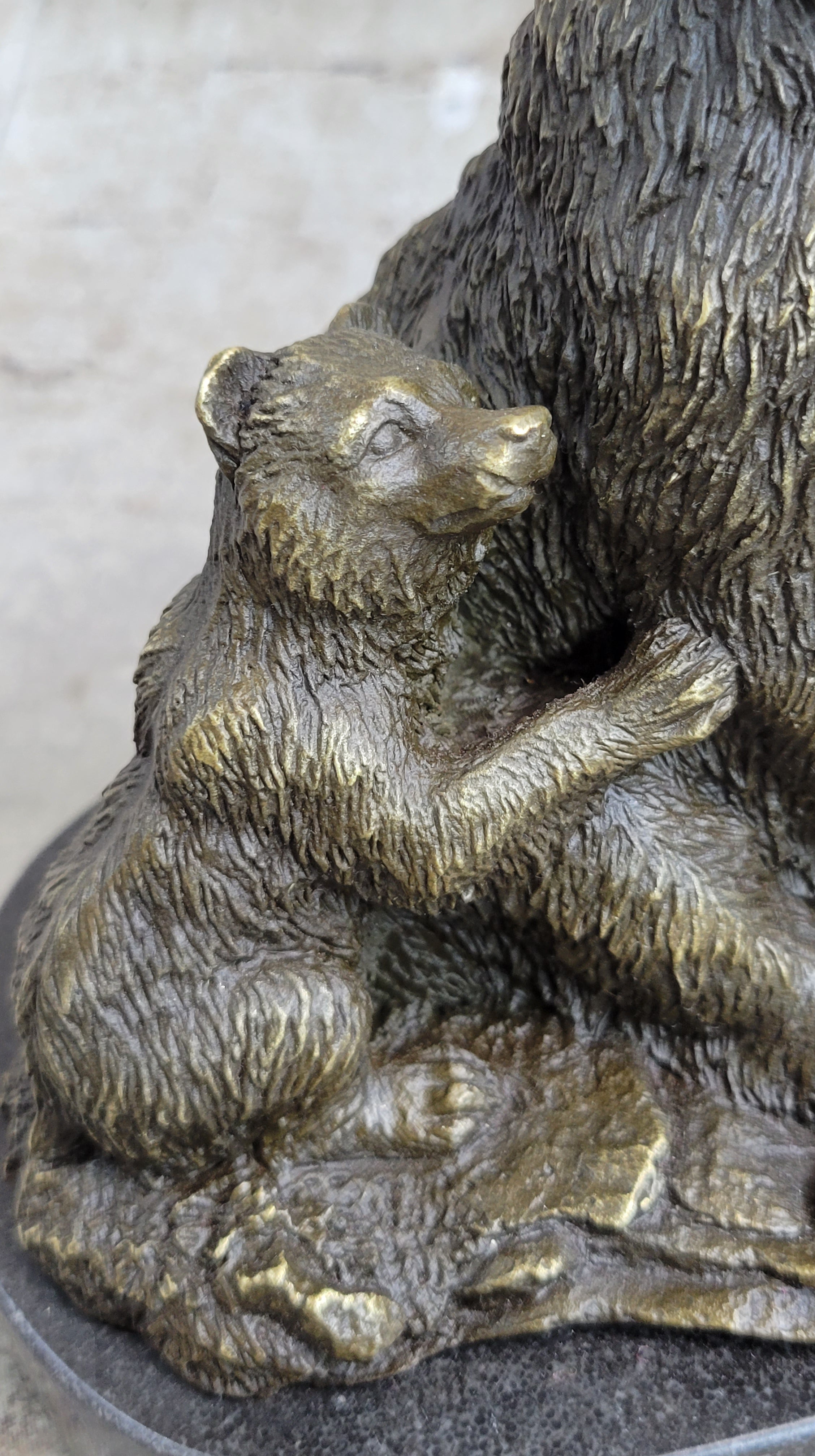 Signed Original Grizzly Bear with Two Cubs Bronze Sculpture
