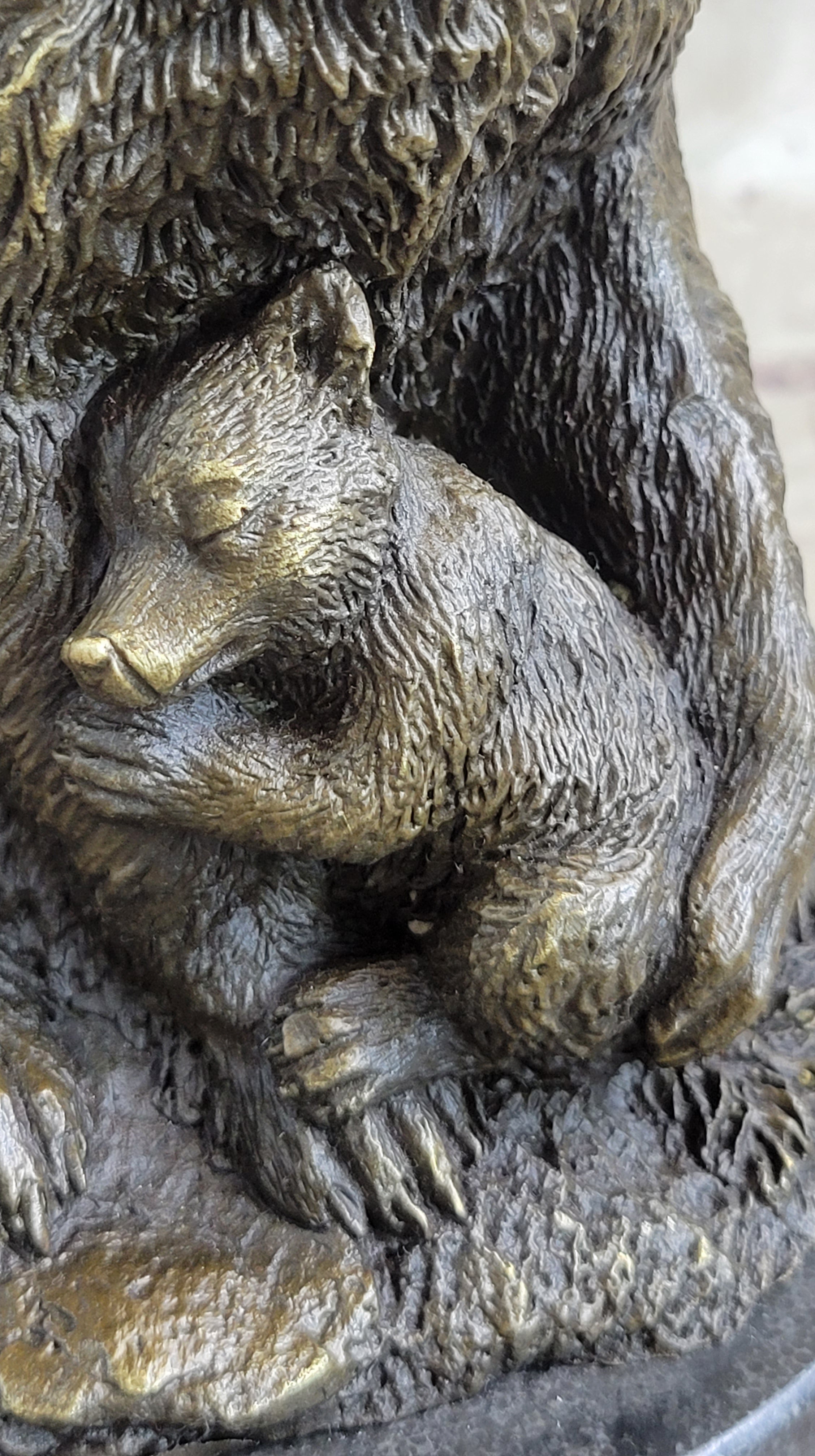 Signed Original Grizzly Bear with Two Cubs Bronze Sculpture