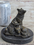 Wolf and Cubs Bronze Miniature Sculpture Marble Base 4" x 5"