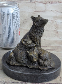 Wolf and Cubs Bronze Miniature Sculpture Marble Base 4" x 5"