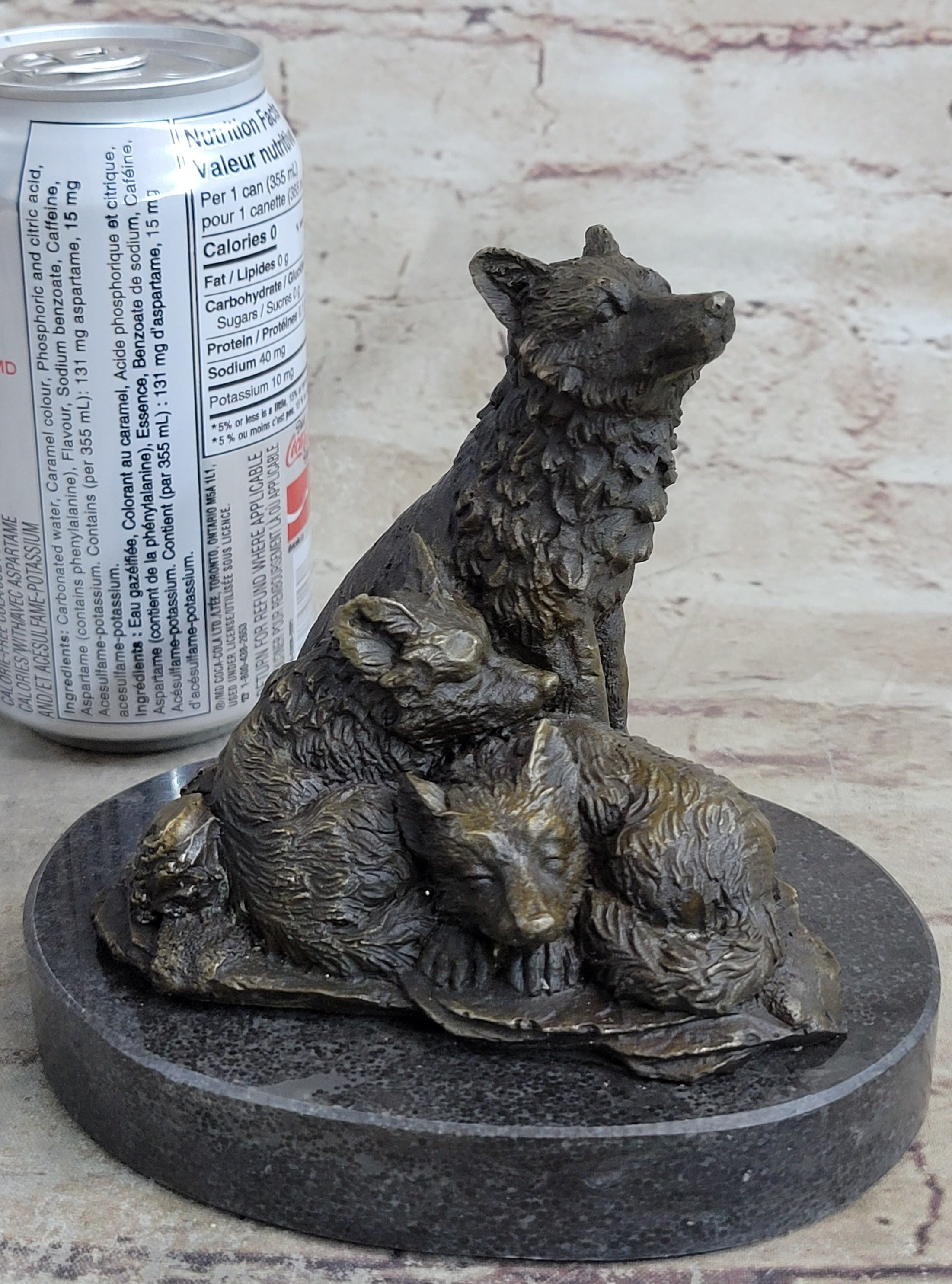 Wolf and Cubs Bronze Miniature Sculpture Marble Base 4" x 5"