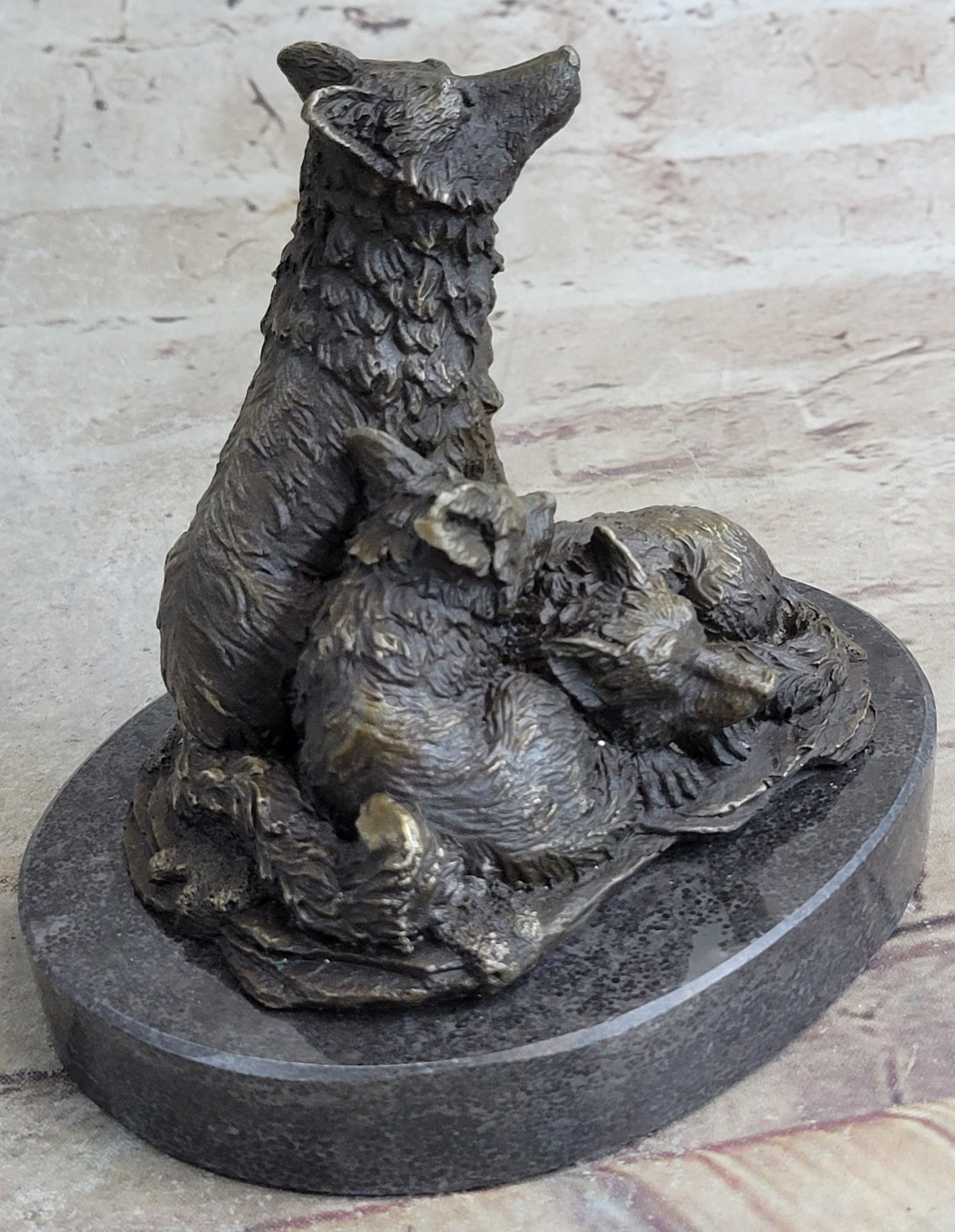 Wolf and Cubs Bronze Miniature Sculpture Marble Base 4" x 5"