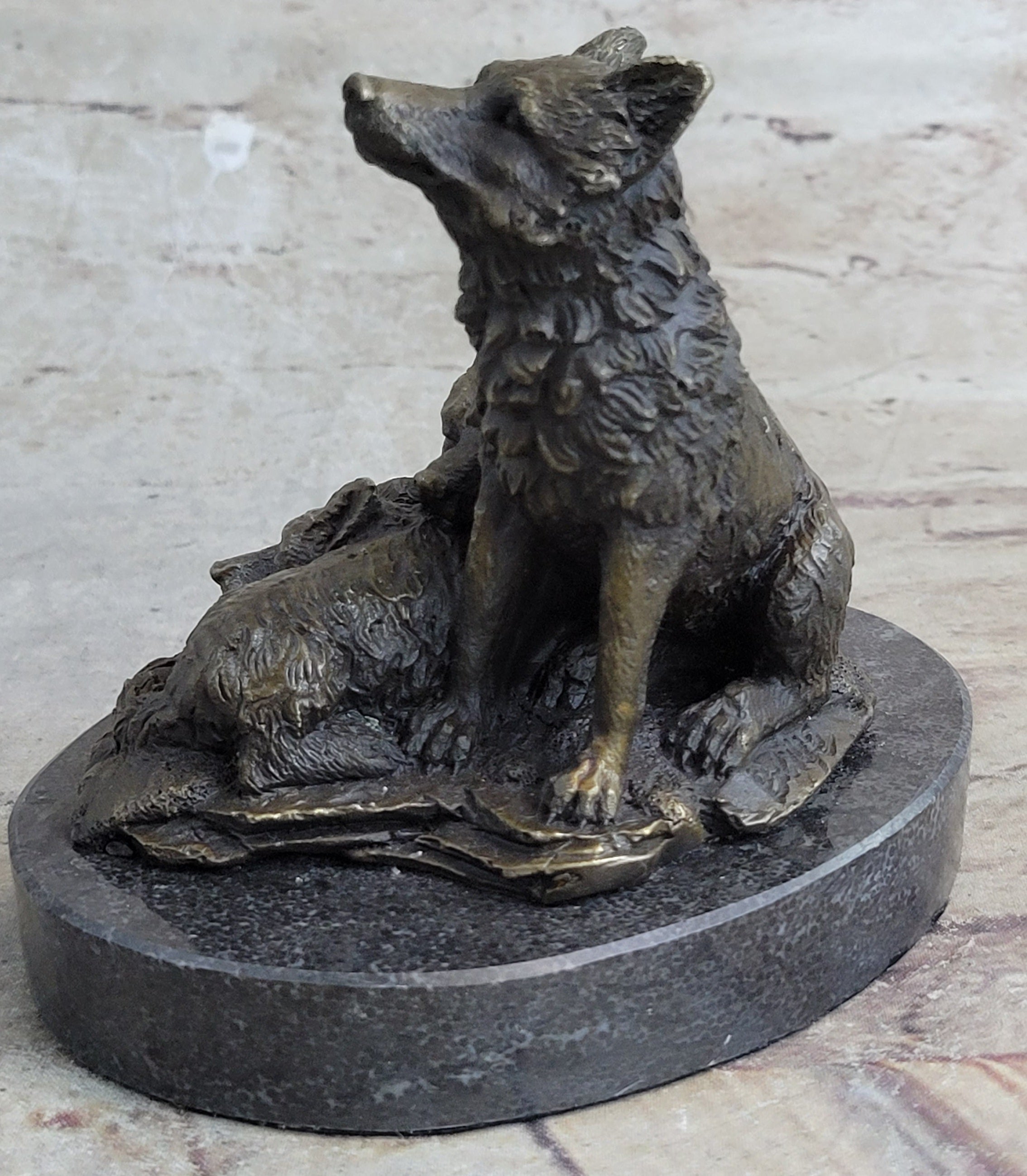 Wolf and Cubs Bronze Miniature Sculpture Marble Base 4" x 5"