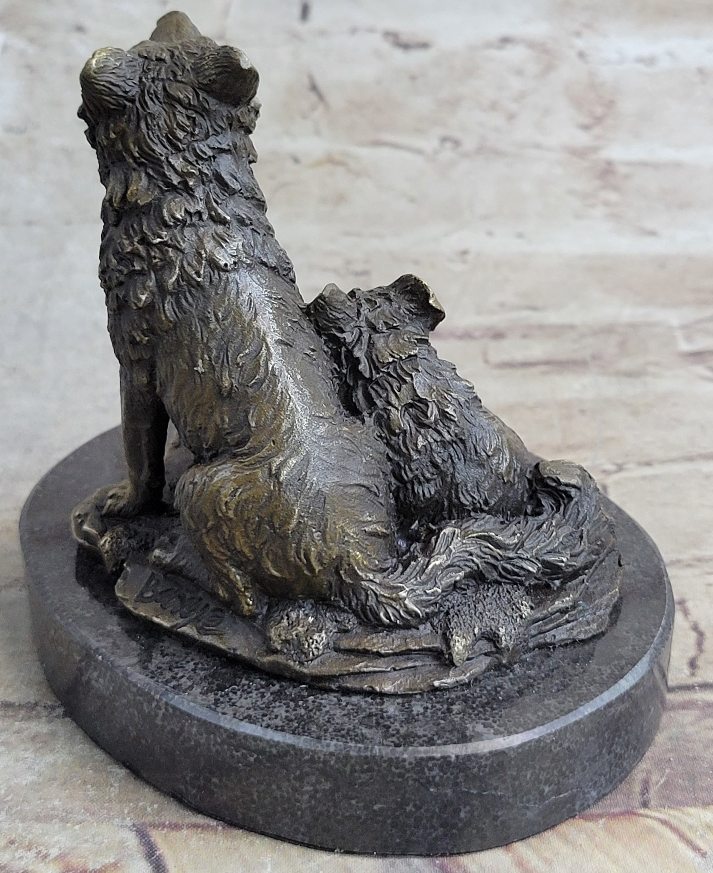 Wolf and Cubs Bronze Miniature Sculpture Marble Base 4" x 5"