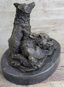 Wolf and Cubs Bronze Miniature Sculpture Marble Base 4" x 5"