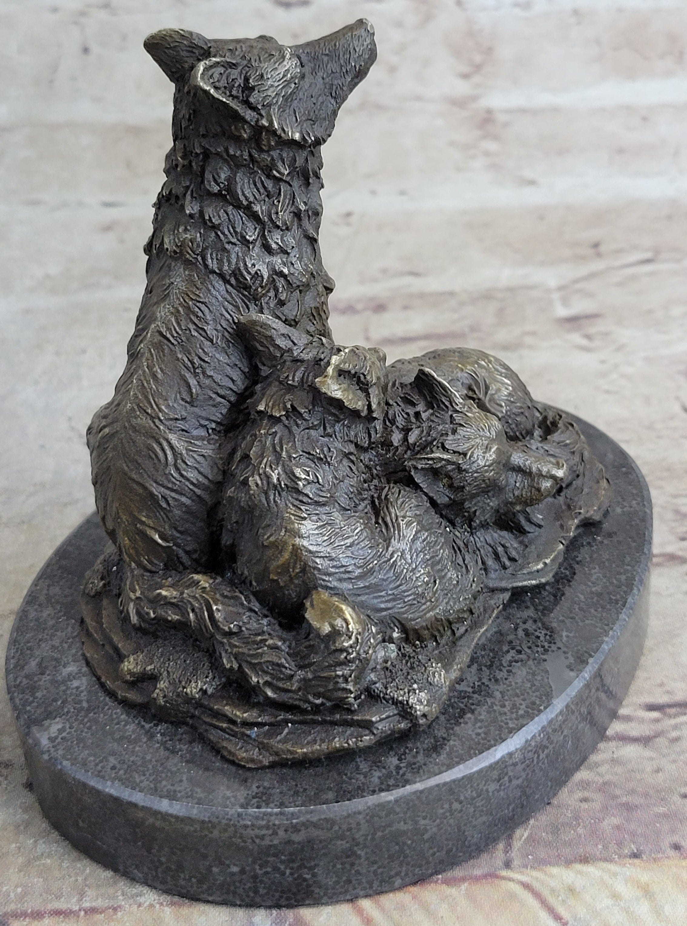 Wolf and Cubs Bronze Miniature Sculpture Marble Base 4" x 5"