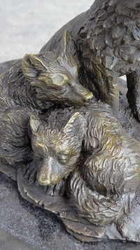 Wolf and Cubs Bronze Miniature Sculpture Marble Base 4" x 5"