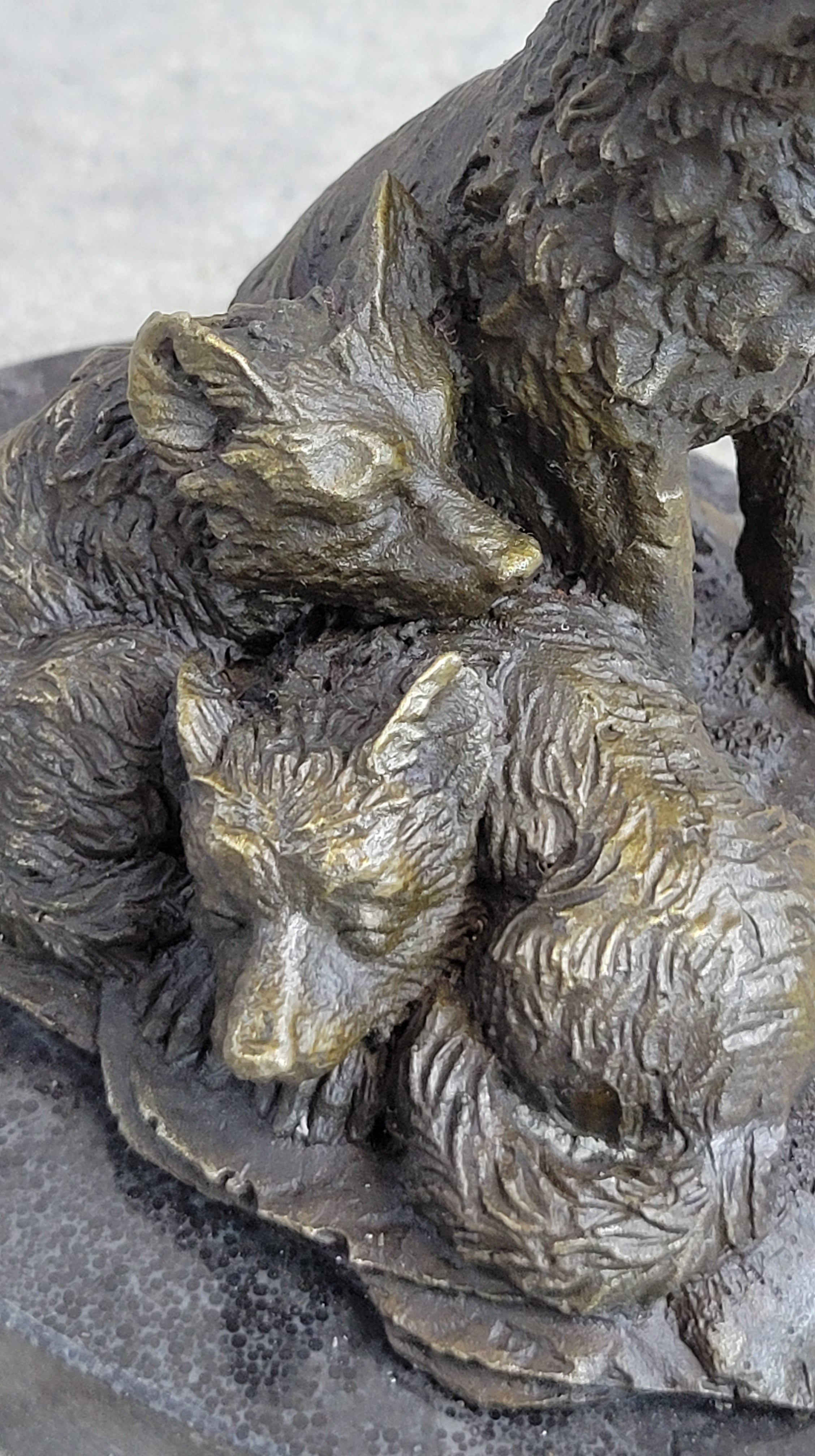 Wolf and Cubs Bronze Miniature Sculpture Marble Base 4" x 5"