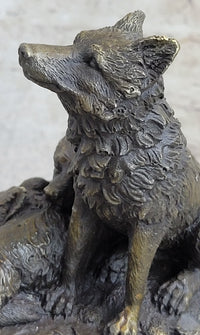 Wolf and Cubs Bronze Miniature Sculpture Marble Base 4" x 5"