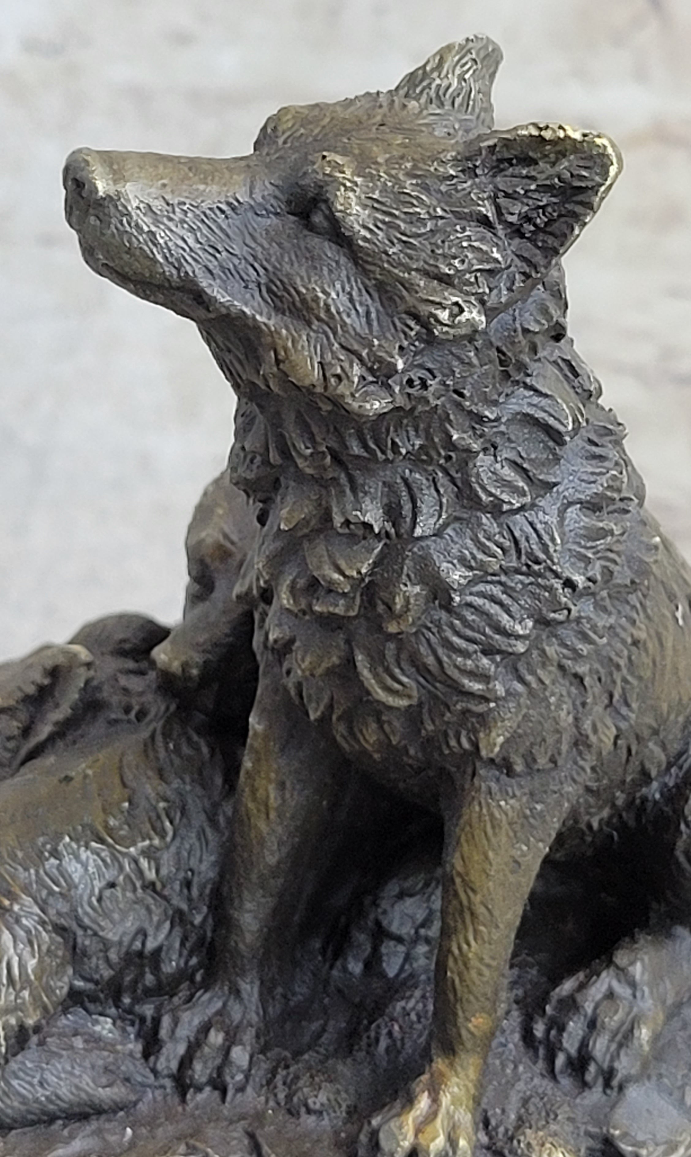 Wolf and Cubs Bronze Miniature Sculpture Marble Base 4" x 5"