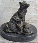 Wolf and Cubs Bronze Miniature Sculpture Marble Base 4" x 5"