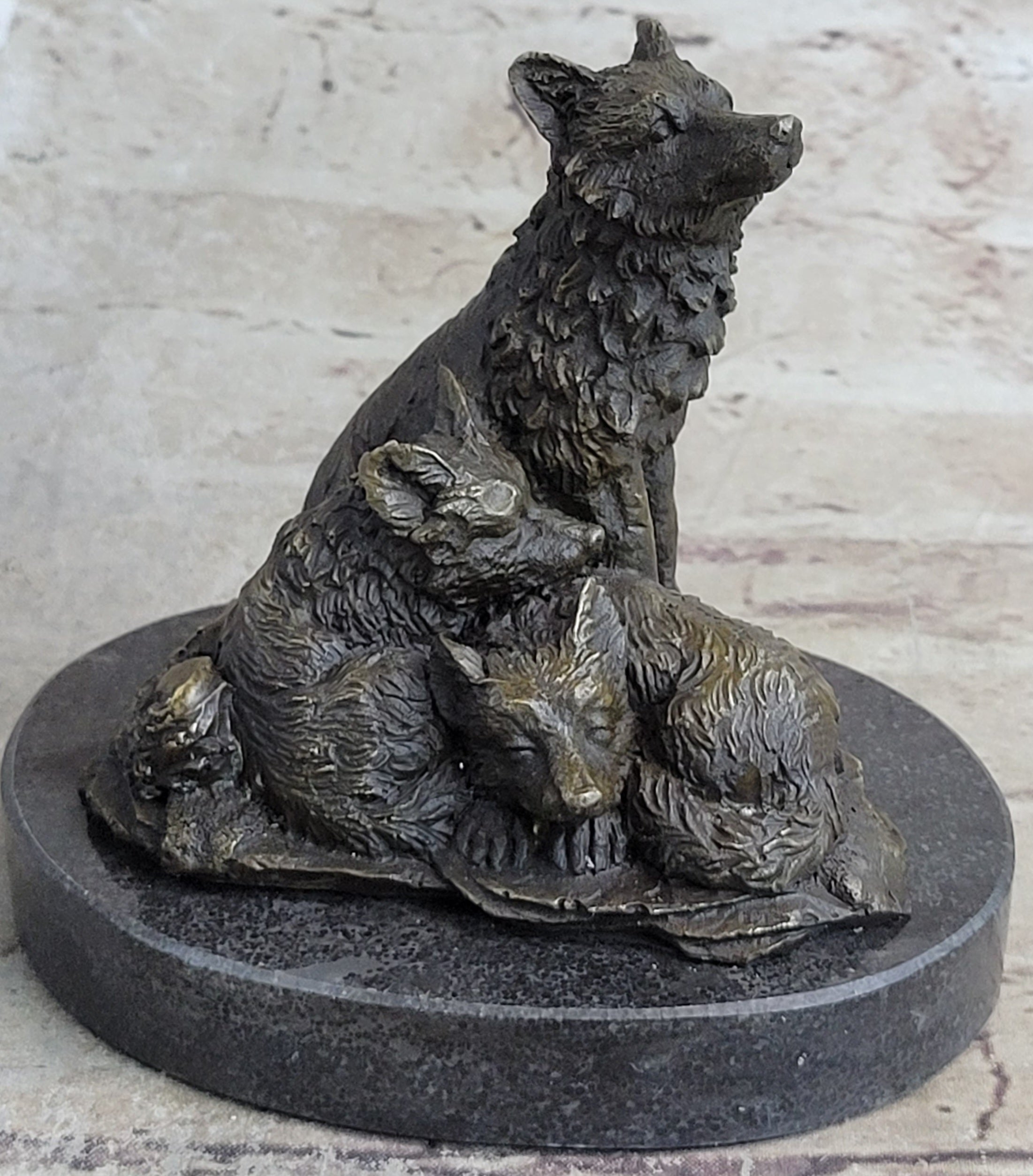 Wolf and Cubs Bronze Miniature Sculpture Marble Base 4" x 5"