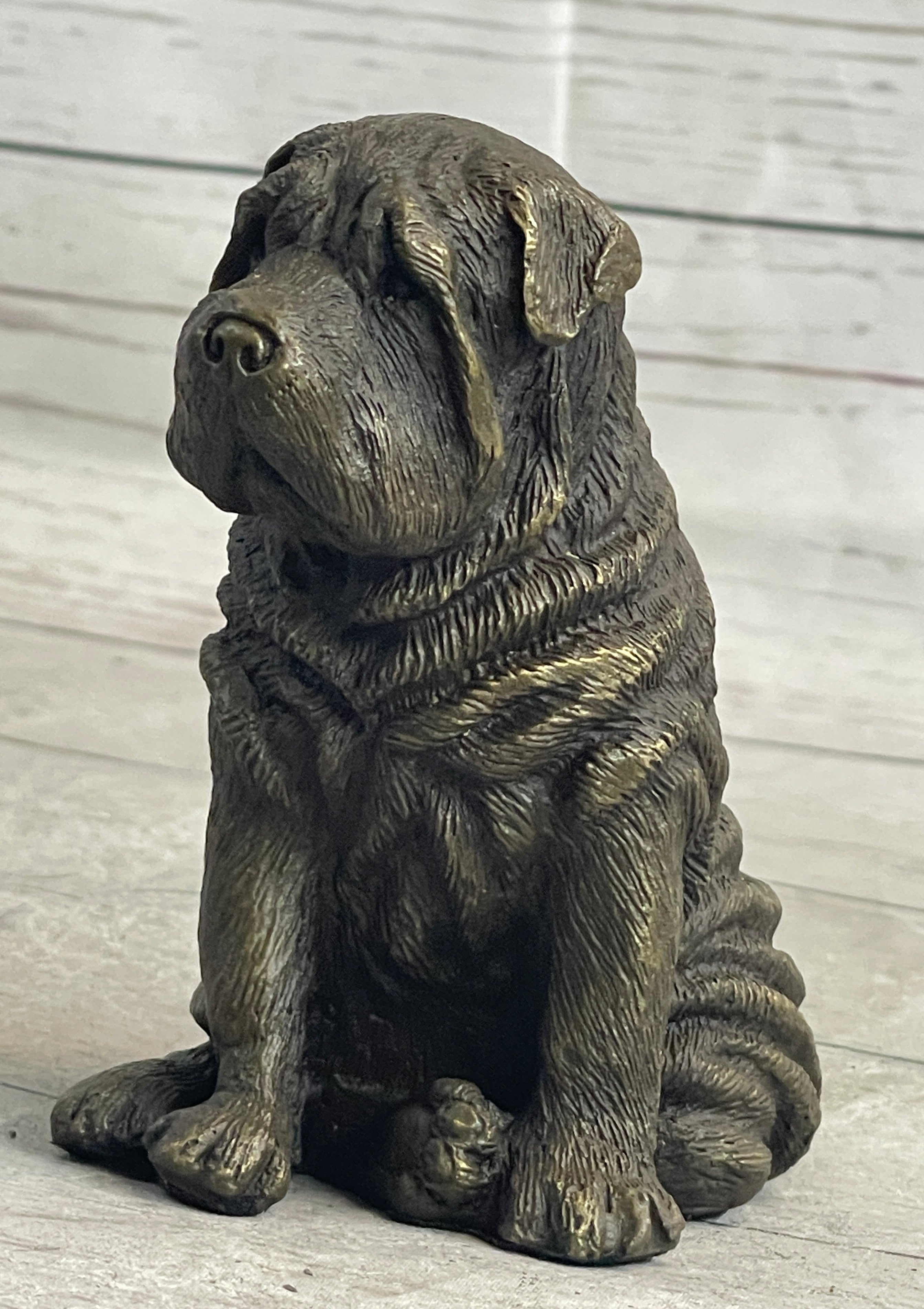 Shar Pei Puppy Dog Bronze Metal Sculpture Signed Art