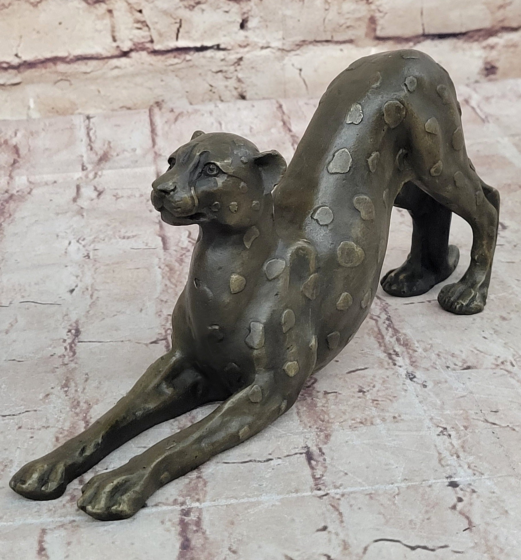 Stretching Cheetah Bronze Sculpture Signed 5" x 10"