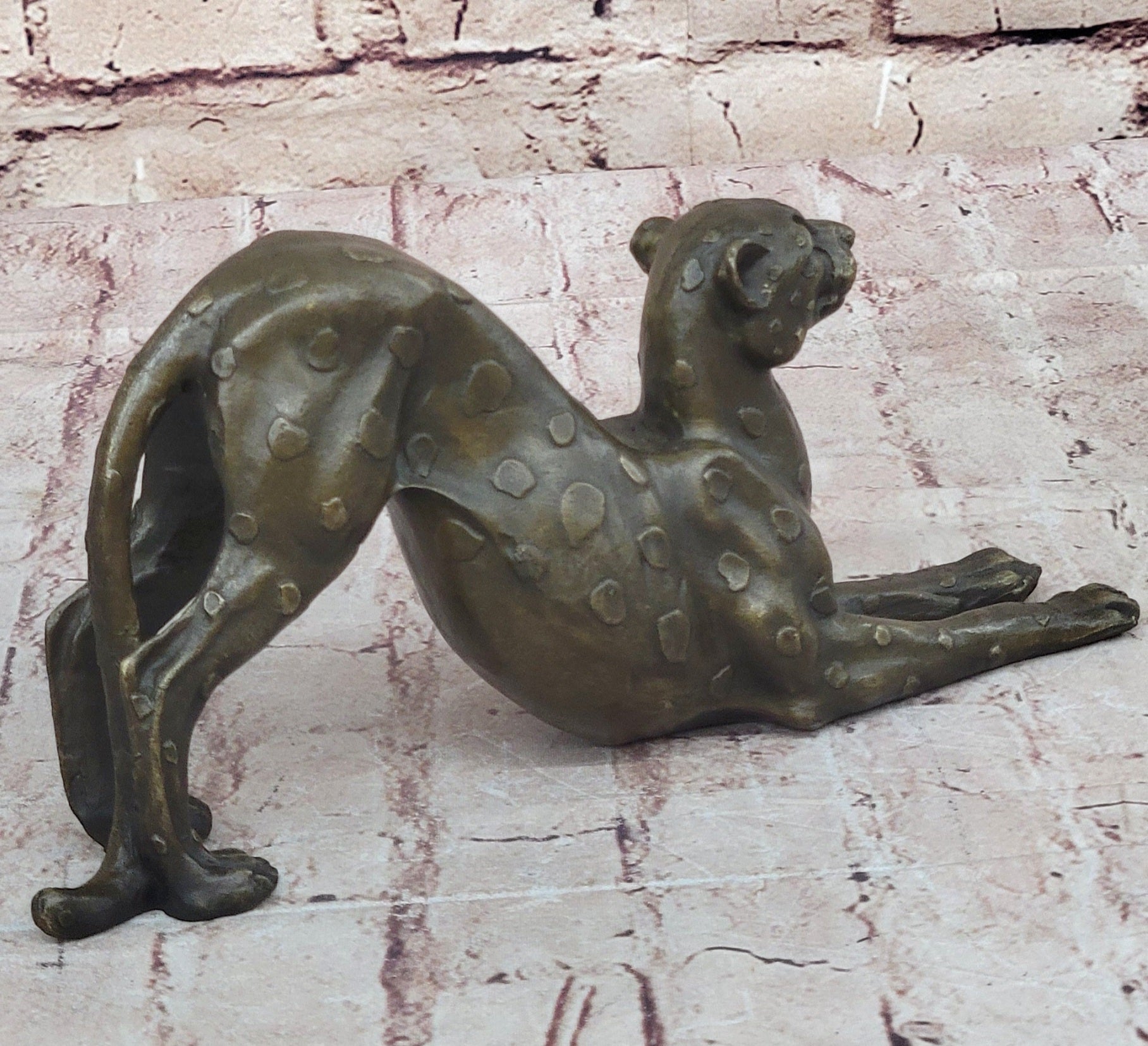 Stretching Cheetah Bronze Sculpture Signed 5" x 10"