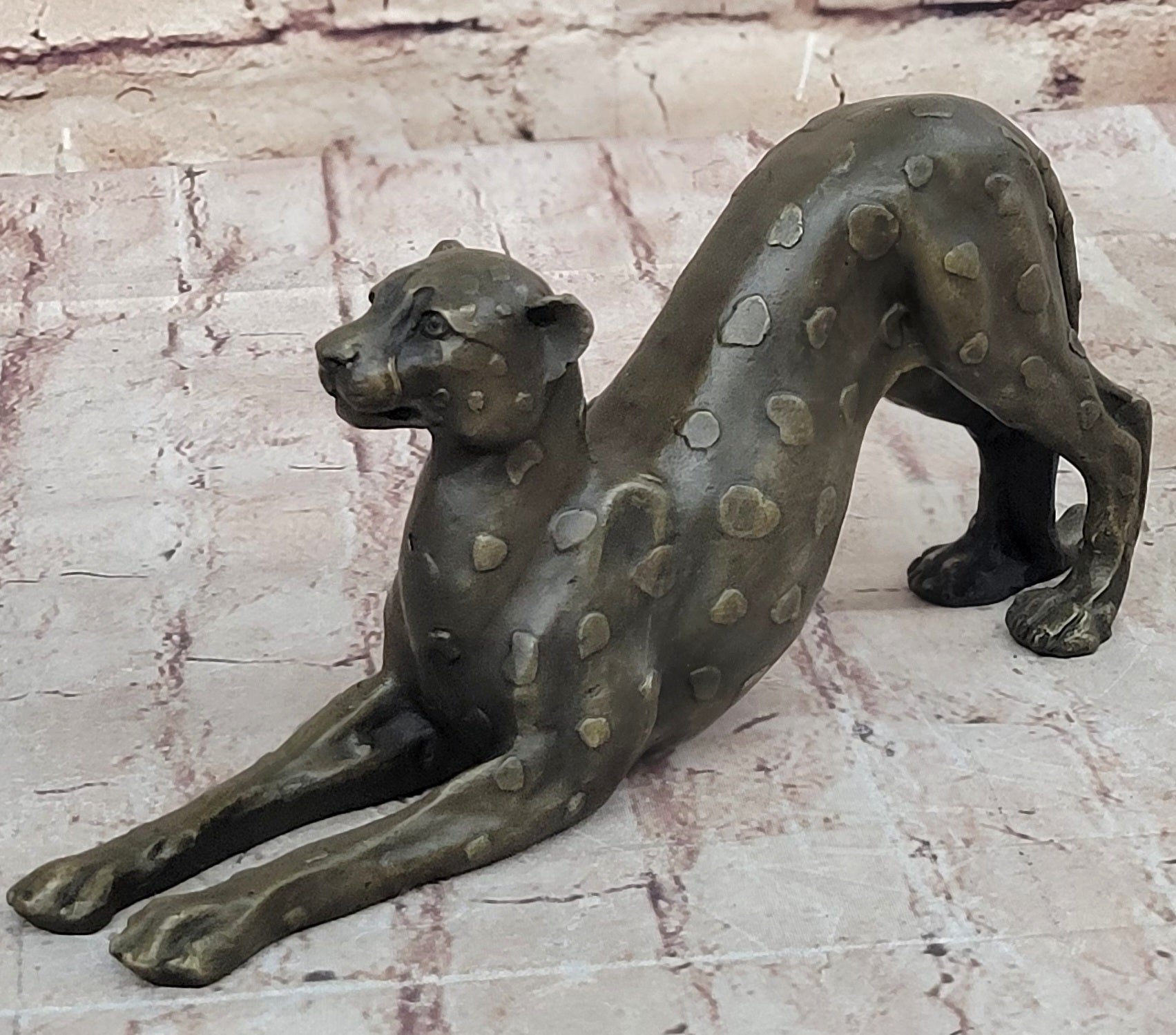 Stretching Cheetah Bronze Sculpture Signed 5" x 10"