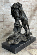 Male Lion w/ Cub Bronze Sculpture 14" x 12" Barye