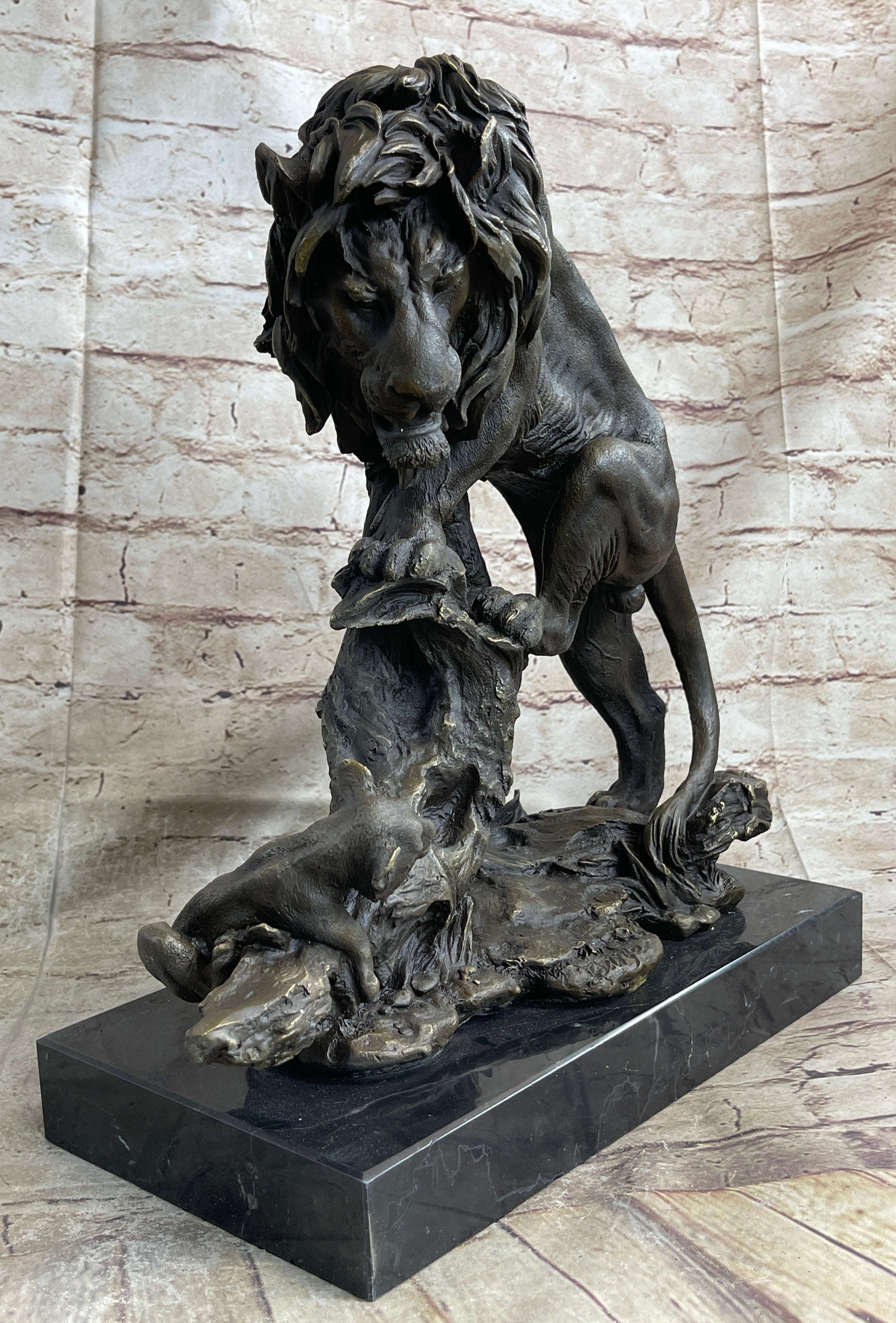 Male Lion w/ Cub Bronze Sculpture 14" x 12" Barye