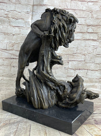 Male Lion w/ Cub Bronze Sculpture 14" x 12" Barye
